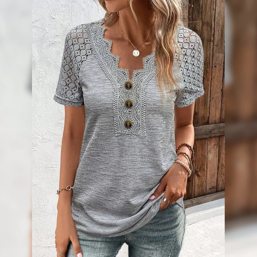 Women's T-Shirt Plain Lace Button Short Sleeve Outlet Huge Surprise