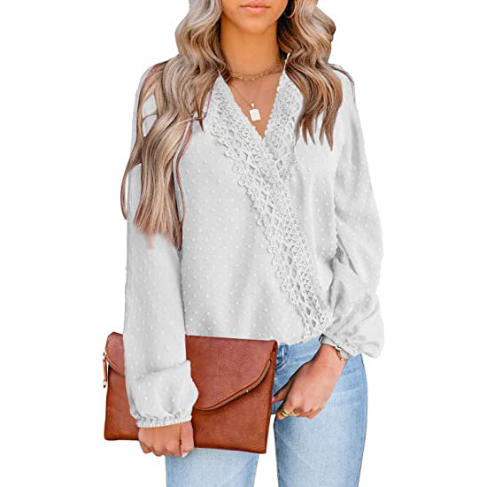 Women's V Neck Chiffon Lace Pom Pom Long Sleeve Top Clearance Official