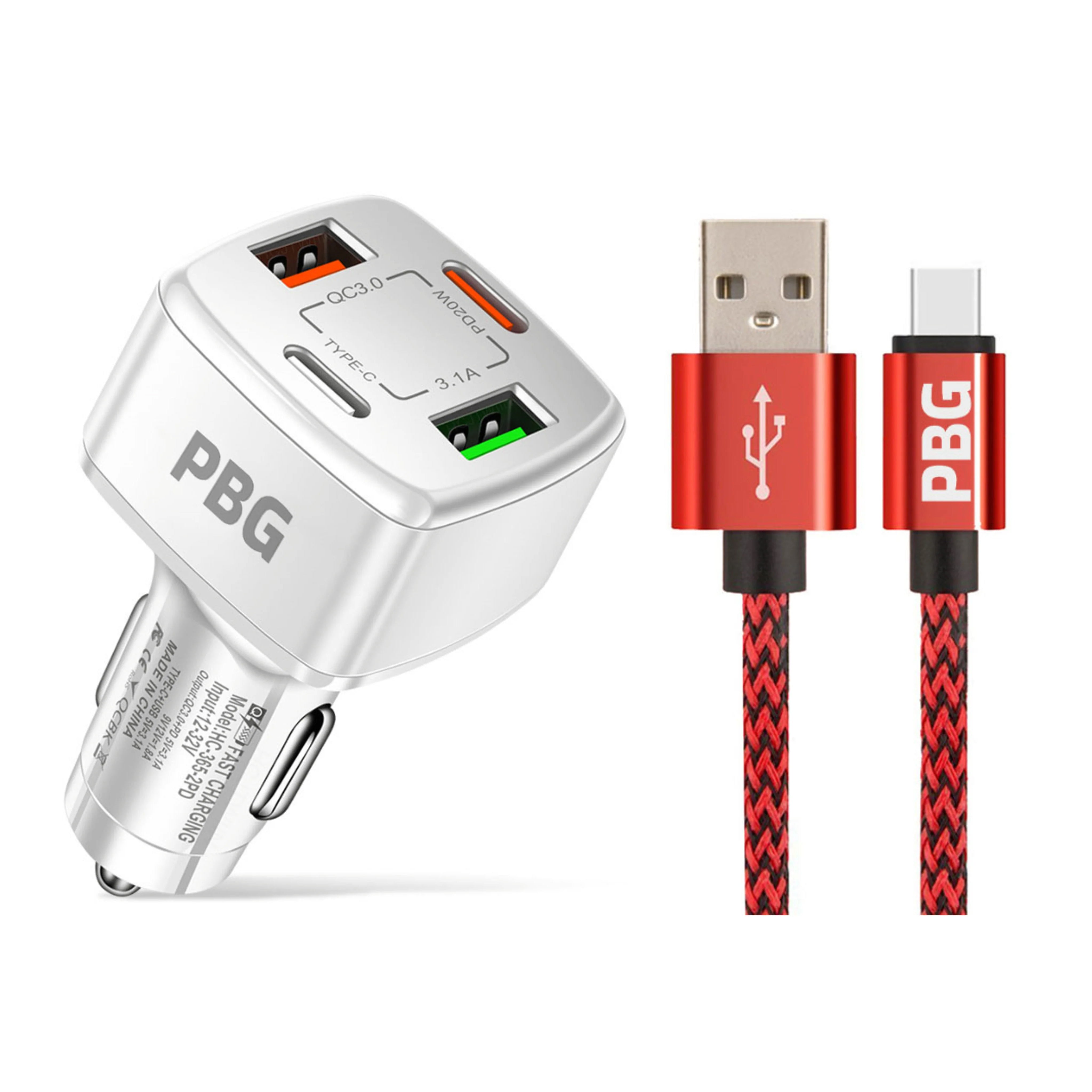 PBG 4 Port PD/USB Car Charger and 10Ft. Zebra Style Lightning Cable Bundle Sale View