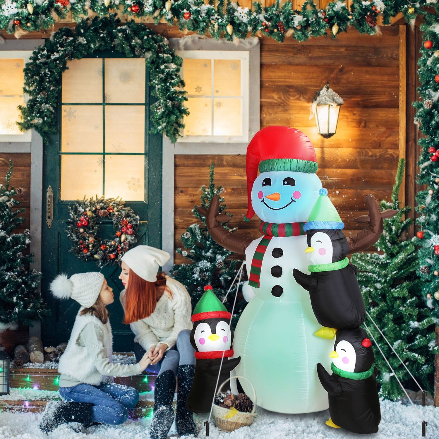 5.9Ft Snowman and Penguin Blow Up Yard Decoration with LED Light Built-in Air Blower Free Shipping For Sale