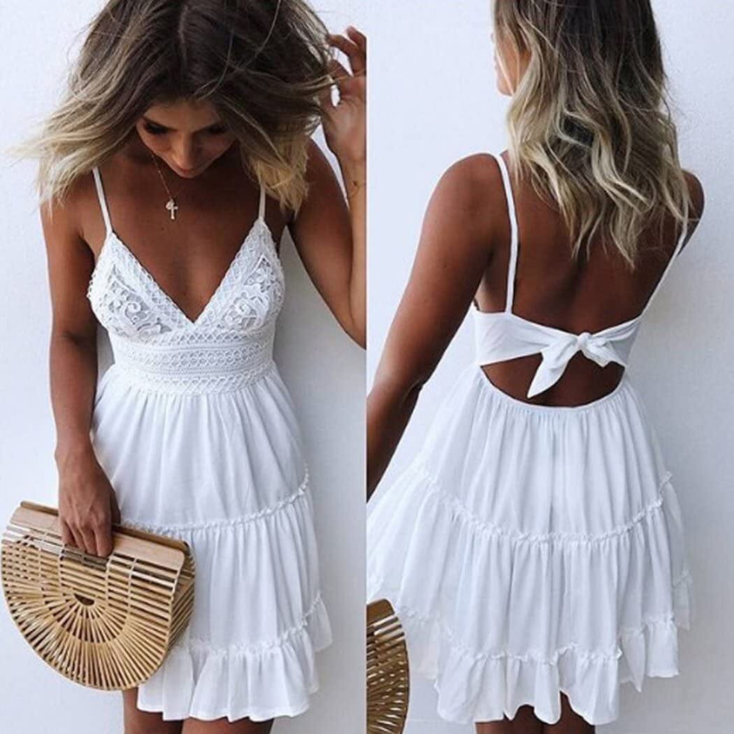 Womens V-Neck Spaghetti Strap Bowknot Backless Sleeveless Lace Mini Swing Skater Dress Low Pice