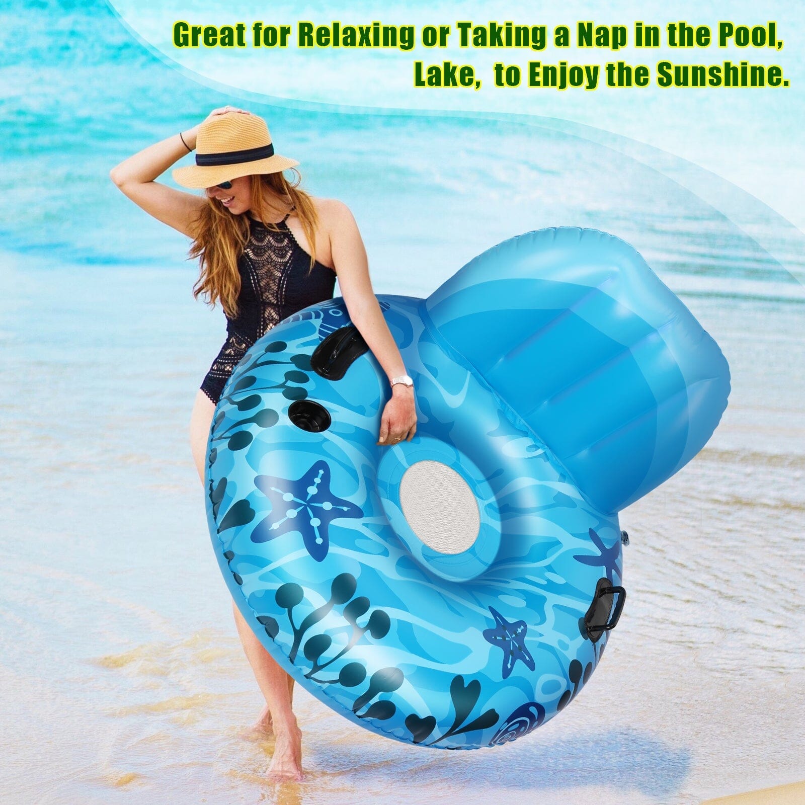 Inflatable Lounger Pool Float with Rubber Handle and Drink Holder Sale Authentic