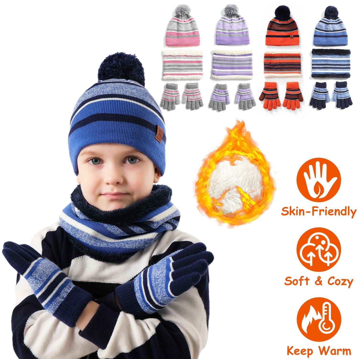 3-Piece Set: Winter Kids Knitted Warm Beanie Hat and Glove for 4-7 Years Old Really For Sale