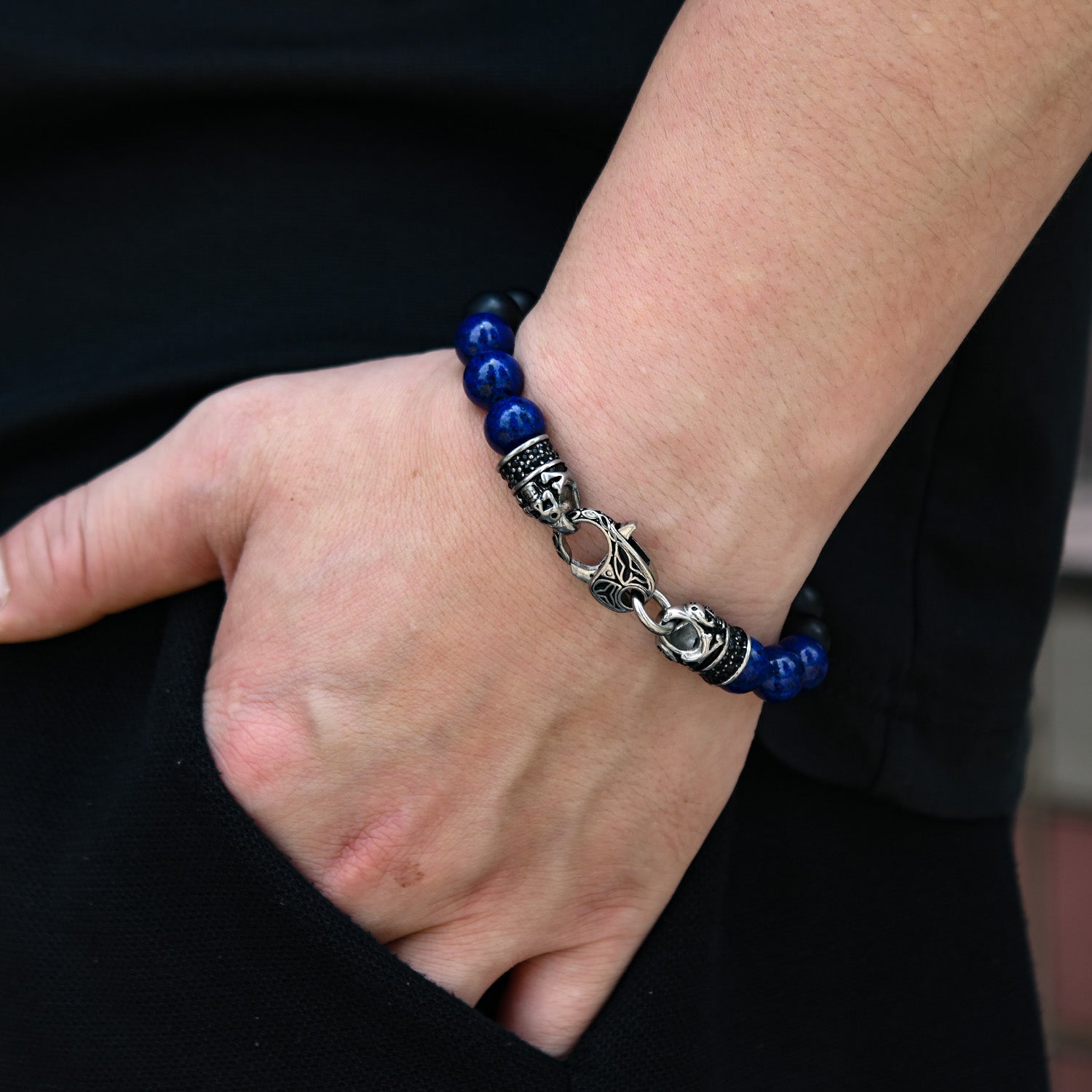 Genuine Black Matte Agate Lapis Stainless Steel Beaded Men's Bracelet Discount Explore