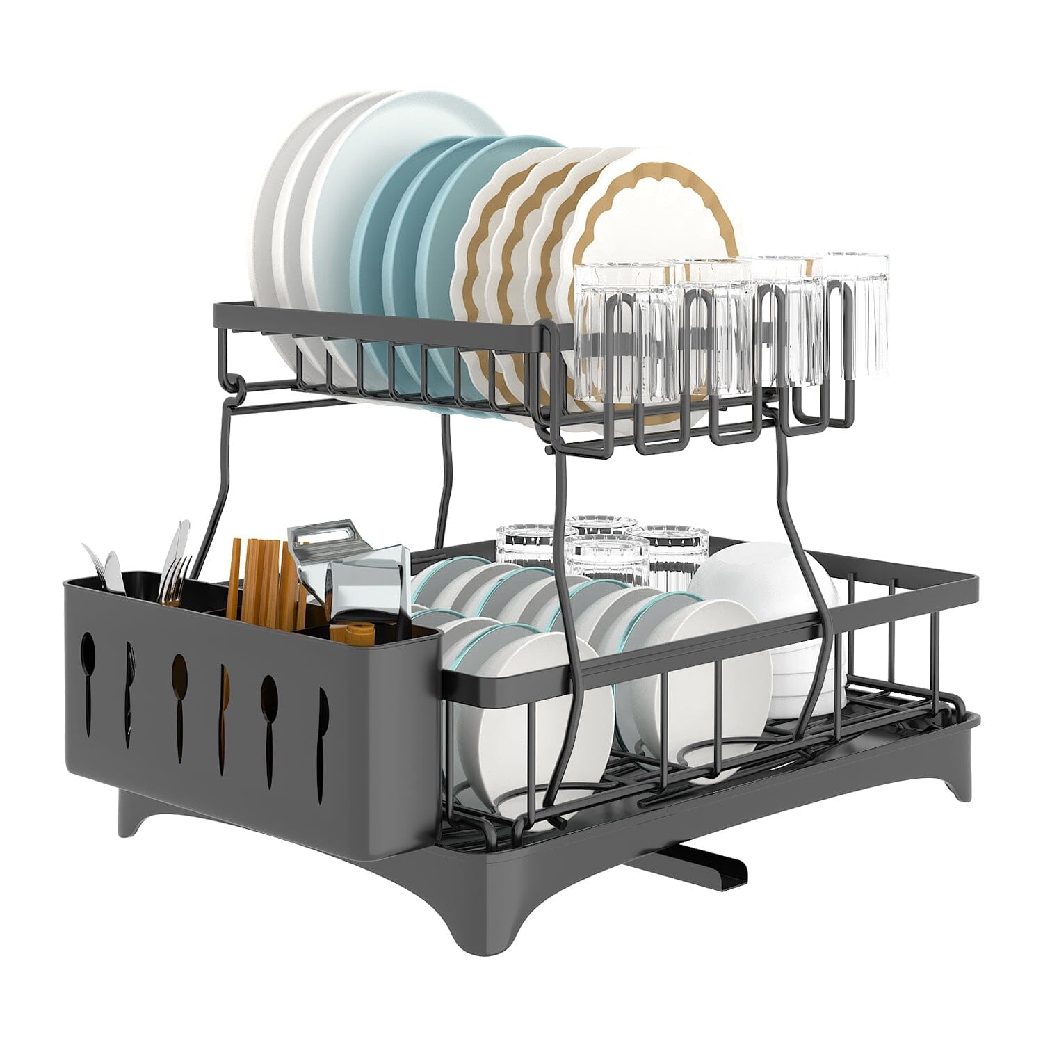 2-Tier Dish Rack Drainer Organizer Set with Utensil Cup Holder Rack Swivel Spout Outlet Discount Sale