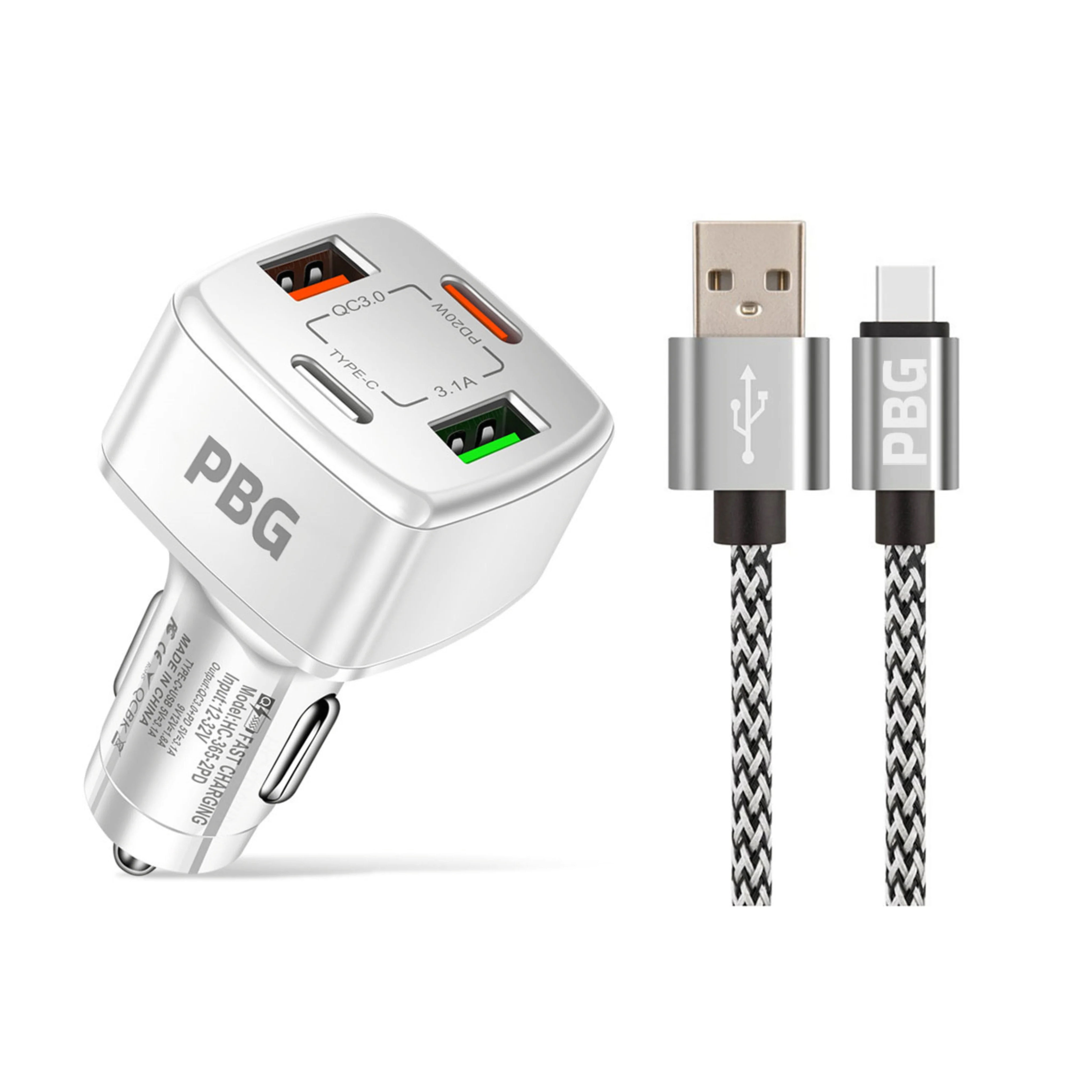 PBG 4 Port PD/USB Car Charger and 10Ft. Zebra Style Lightning Cable Bundle Sale View