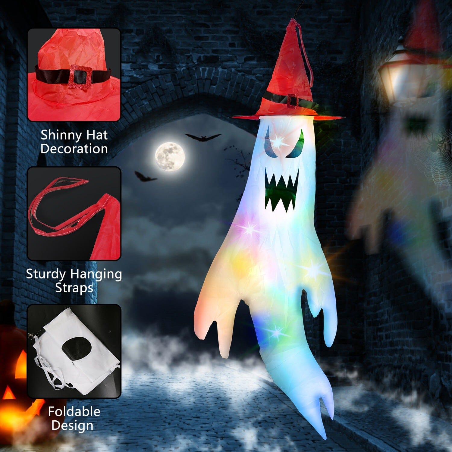 4-Pieces: Halloween Ghosts with Witch Hats Windsocks Hanging Decoration with Colorful LED Light For Sale 2025