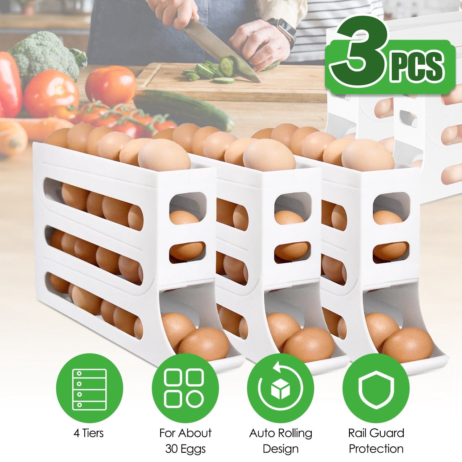 3-Pieces: 4-Tiers Egg Holder Auto Rolling Fridge Egg Organizer Purchase Sale Online