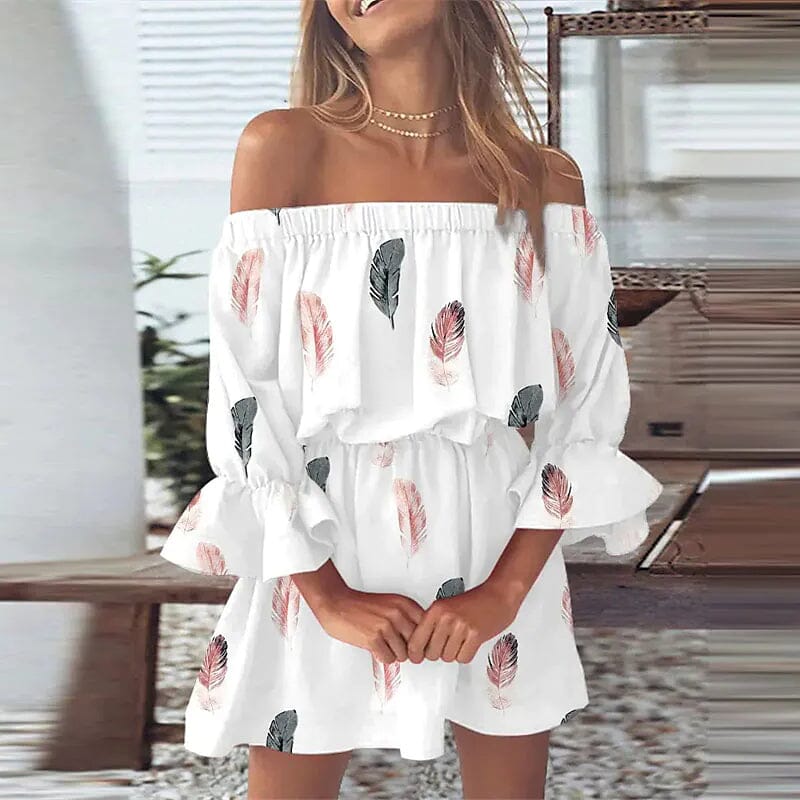 Women's 3/4 Length Sleeve Floral Ruffle Summer Spring Off Shoulder Dress Cheap Brand New Unisex