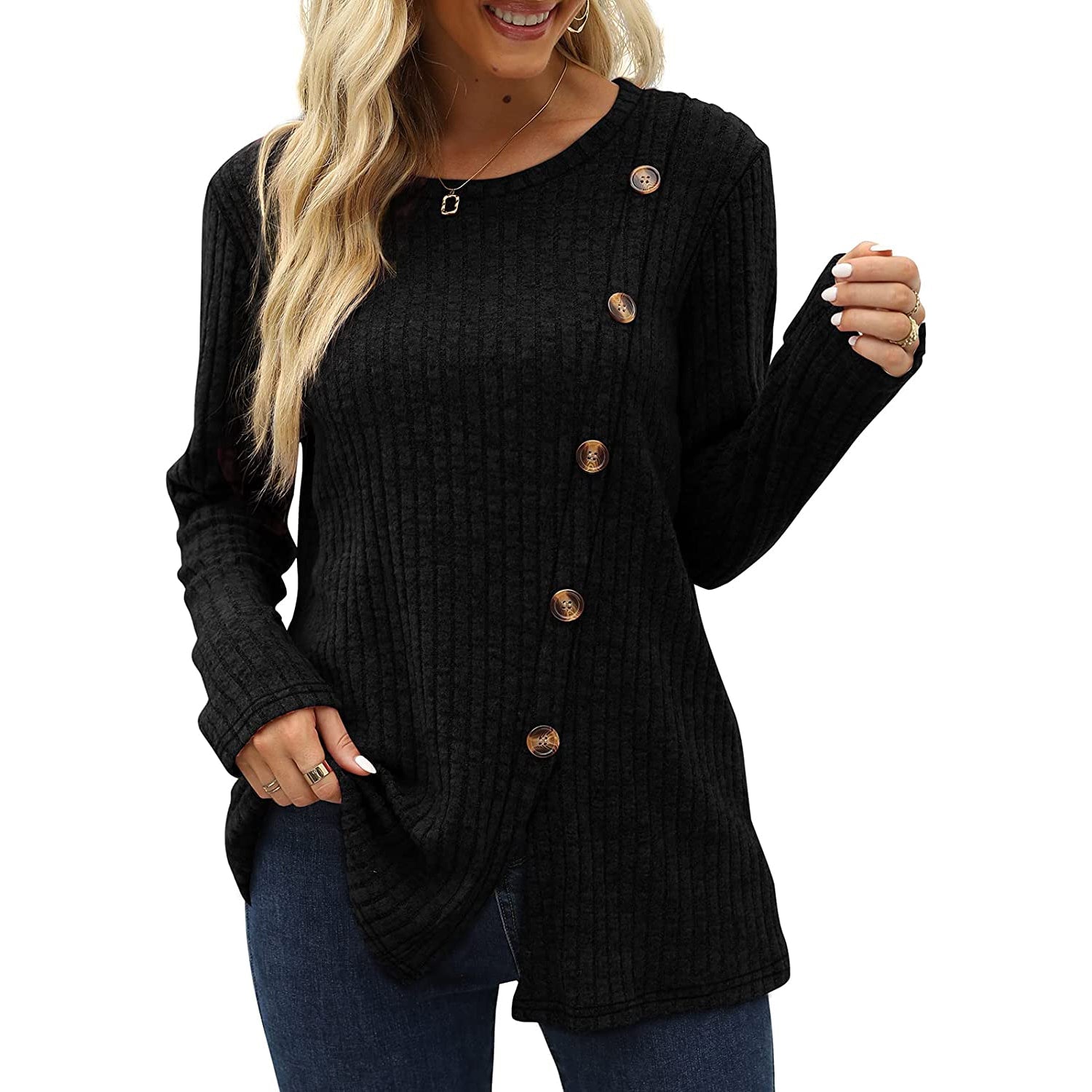 Women's Long Sleeve Crew Neck Tunic Tops Buttons Side Outlet Amazon