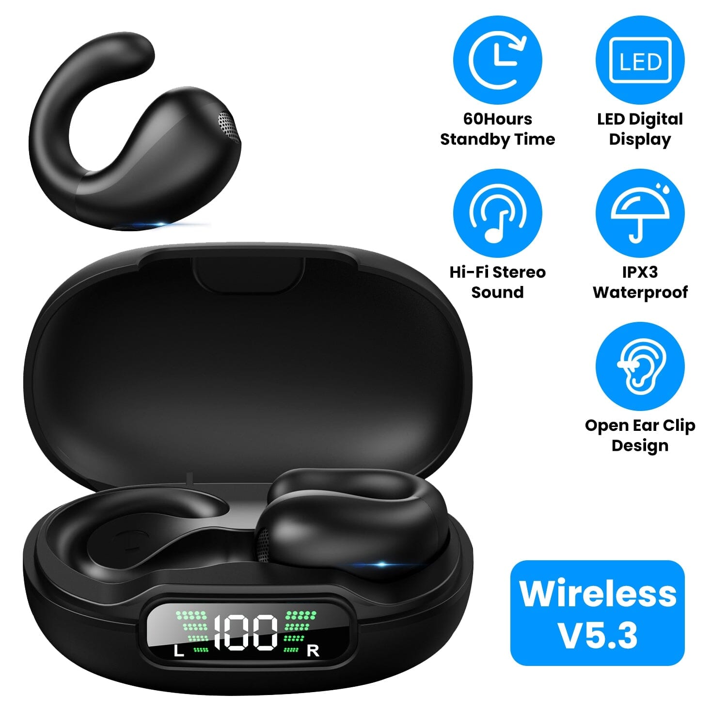 Wireless V5.3 Open Ear Clip Earbuds IPX3 Waterproof Ultra Open Earbuds with LED Display Cheap Purchase