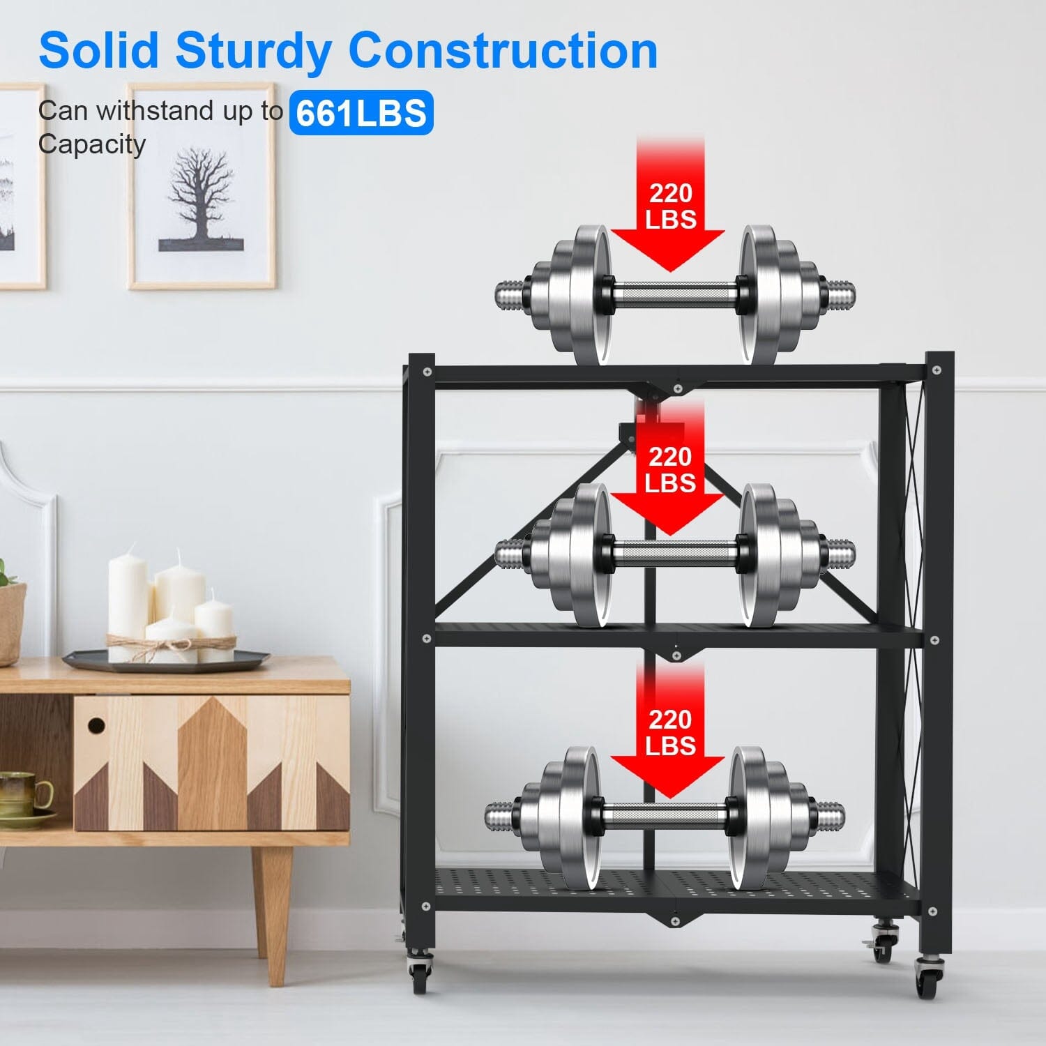 3-Tier Foldable Storage Shelf with Lockable Wheels No Assembly Discount Exclusive