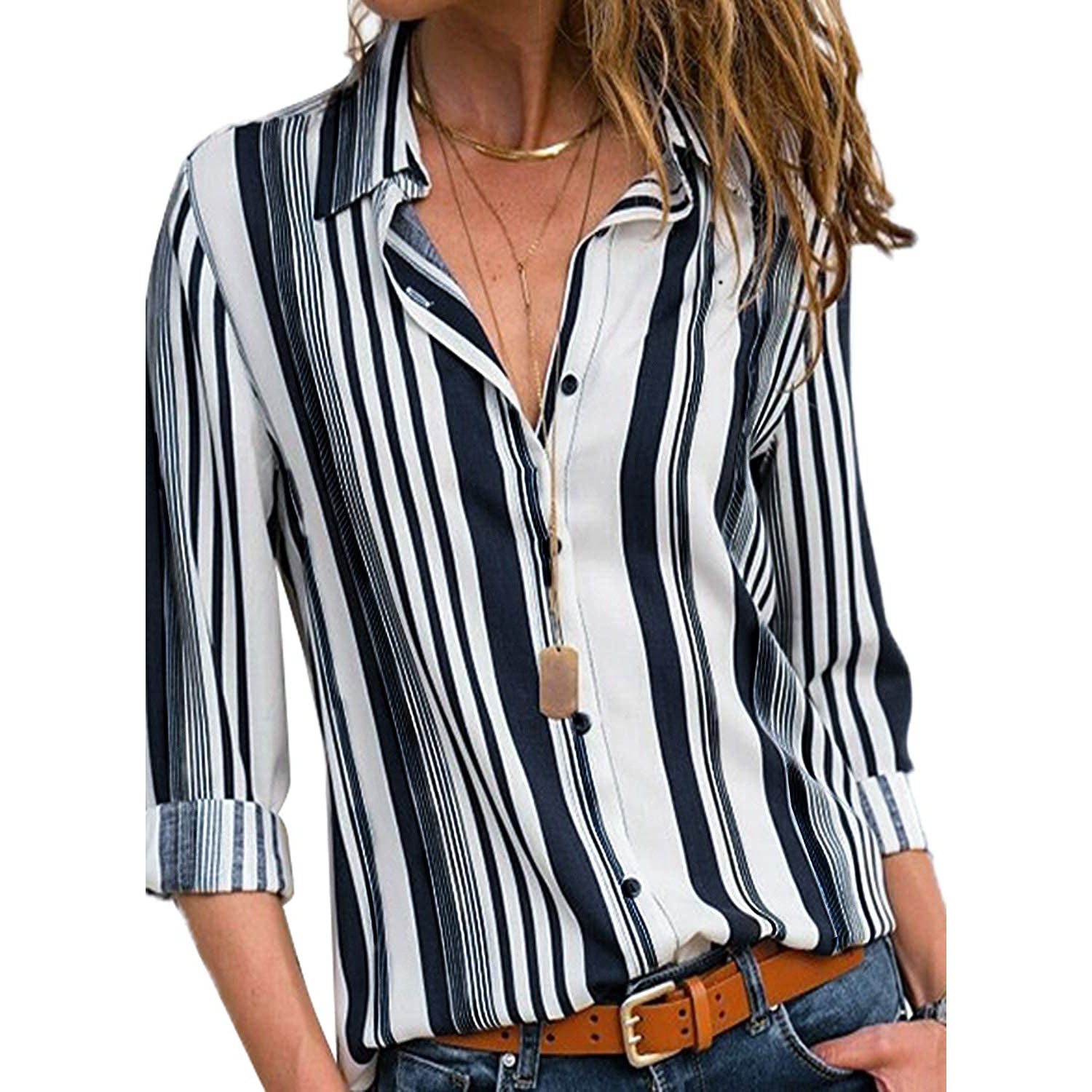 Womens V Neck Striped Roll up Sleeve Button Down Blouses Top Cheap With Credit Card