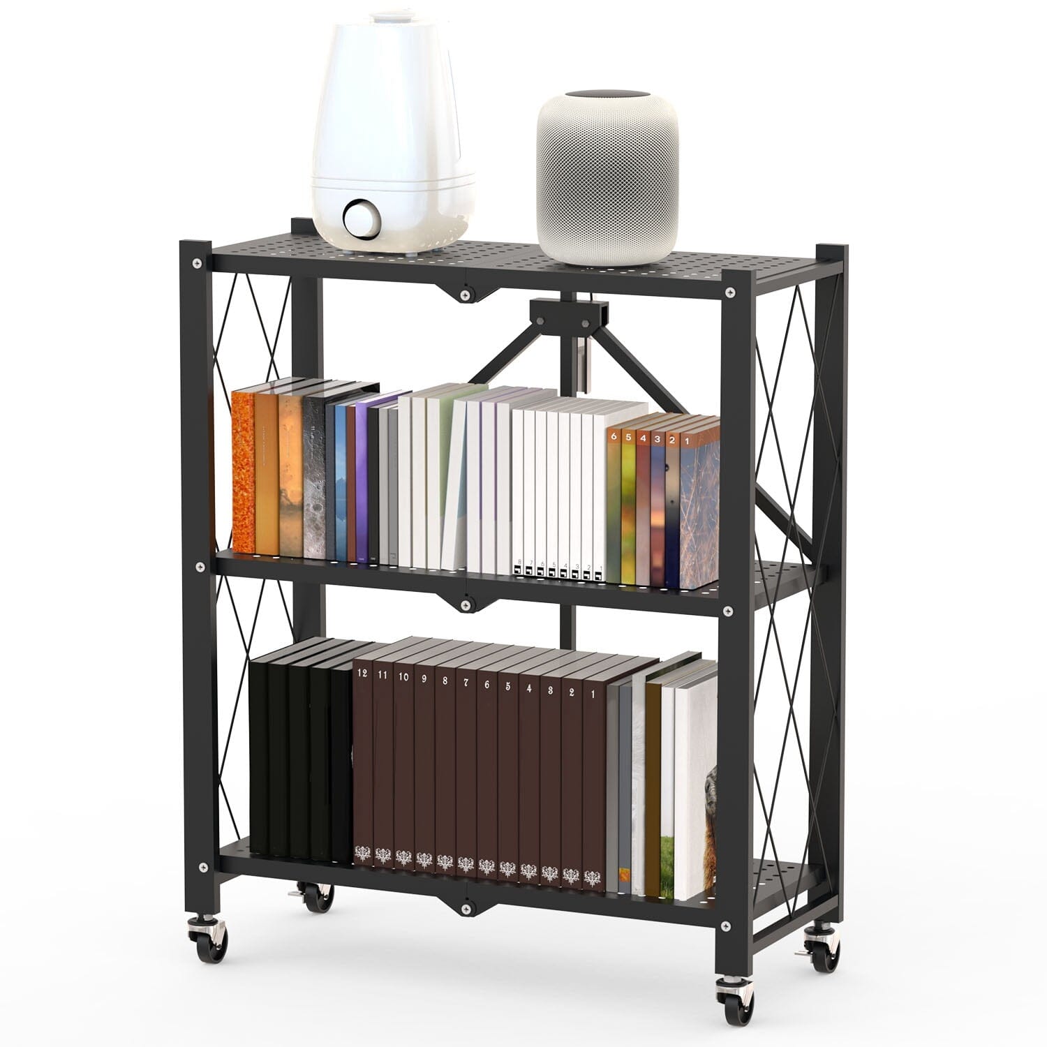 3-Tier Foldable Storage Shelf with Lockable Wheels No Assembly Discount Exclusive