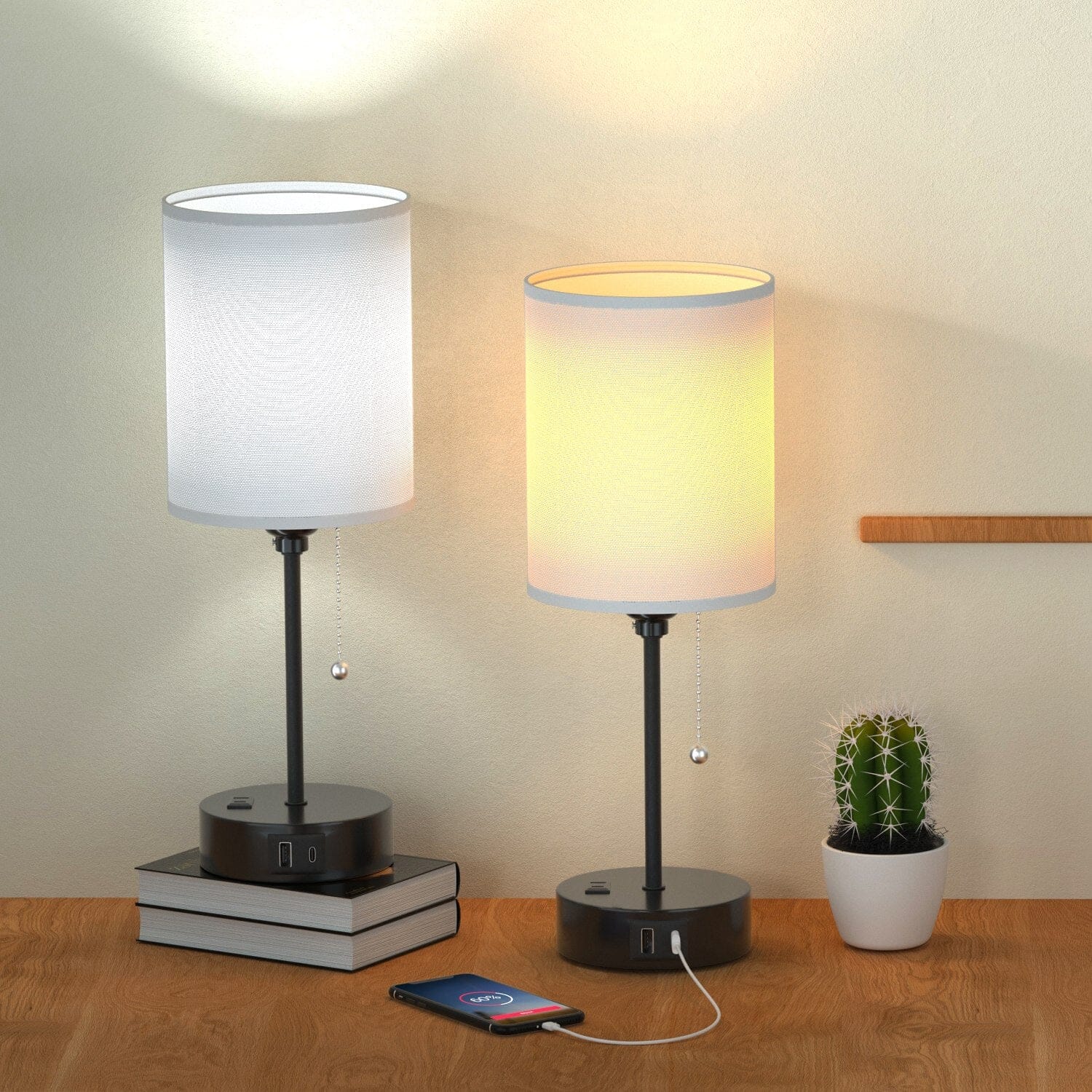 2-Pieces: Bedside Lamps 3 Color Modes USB C+A AC Output Ports Pull Chain Cheap Sale Manchester Great Sale