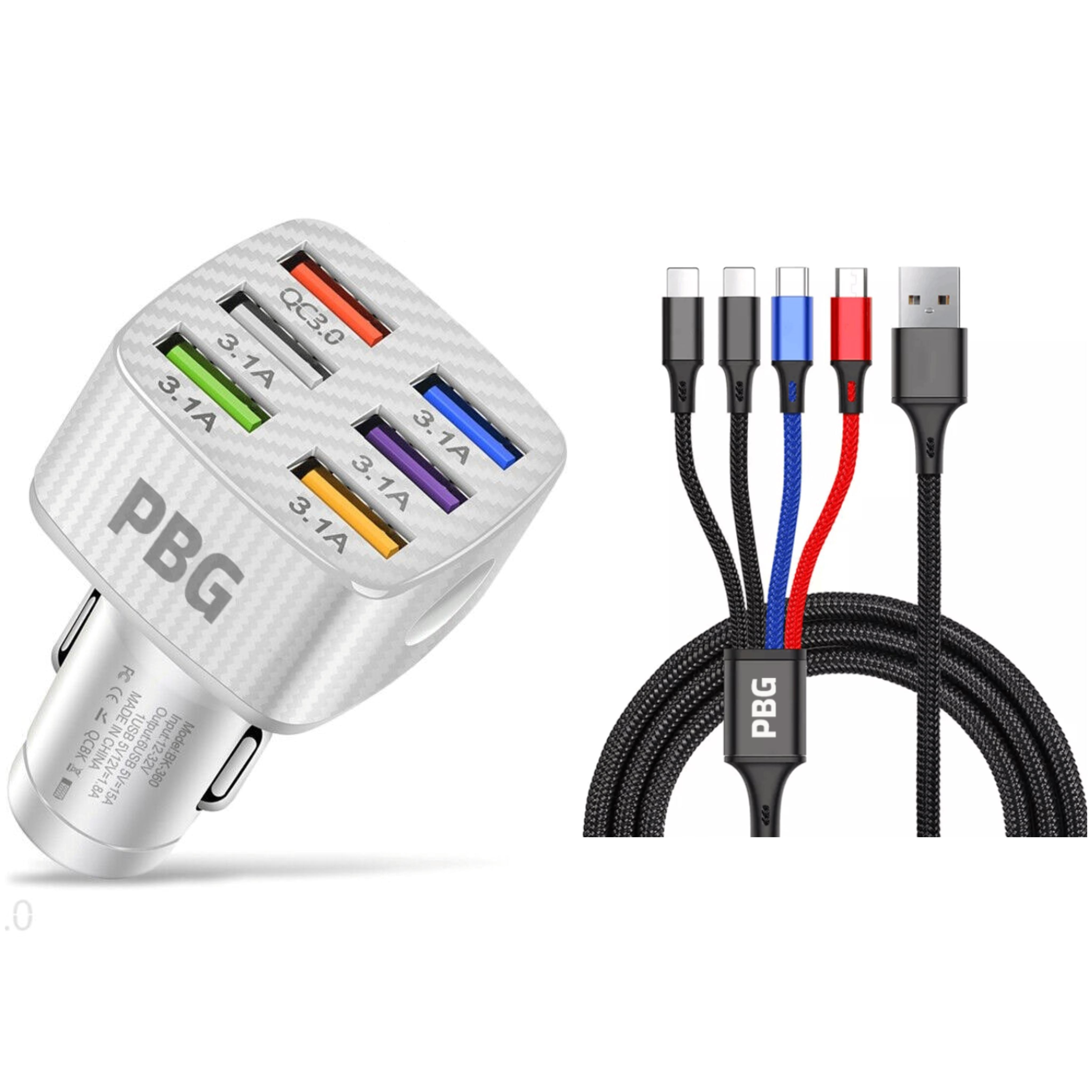 PBG LED 6-Port Car Charger and 4 in 1 Nylon Charging Cable Bundle Sale 100% Authentic