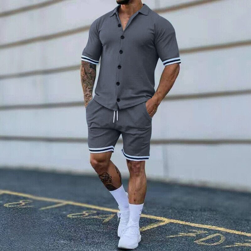 2-Piece Set: Men's Short Sleeve Plain Stripes Lapel Many Kinds Of Cheap Online