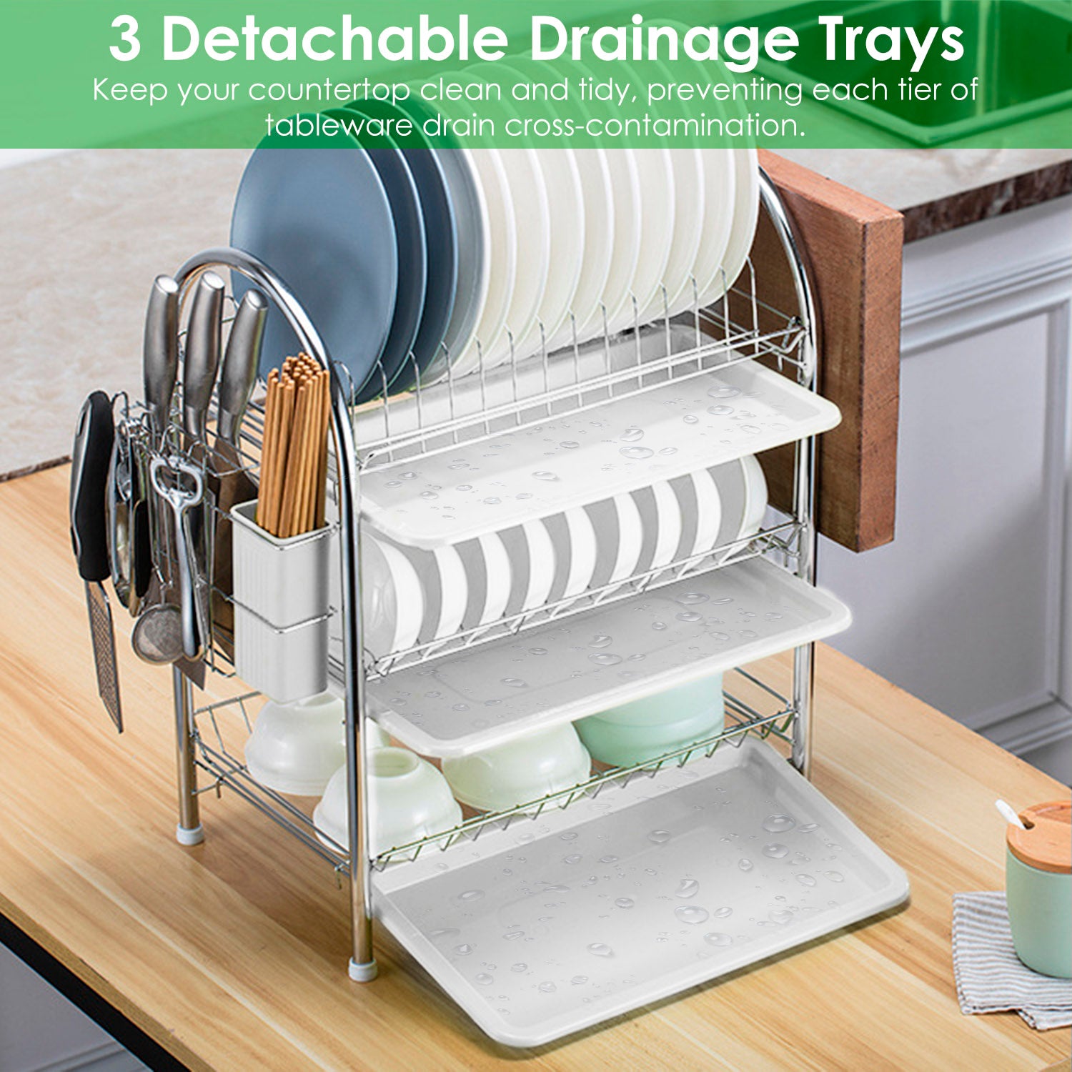 3-Tier Dish Drying Rack Shelf with 3 Drain Trays Chopping Board For Cheap Sale Online