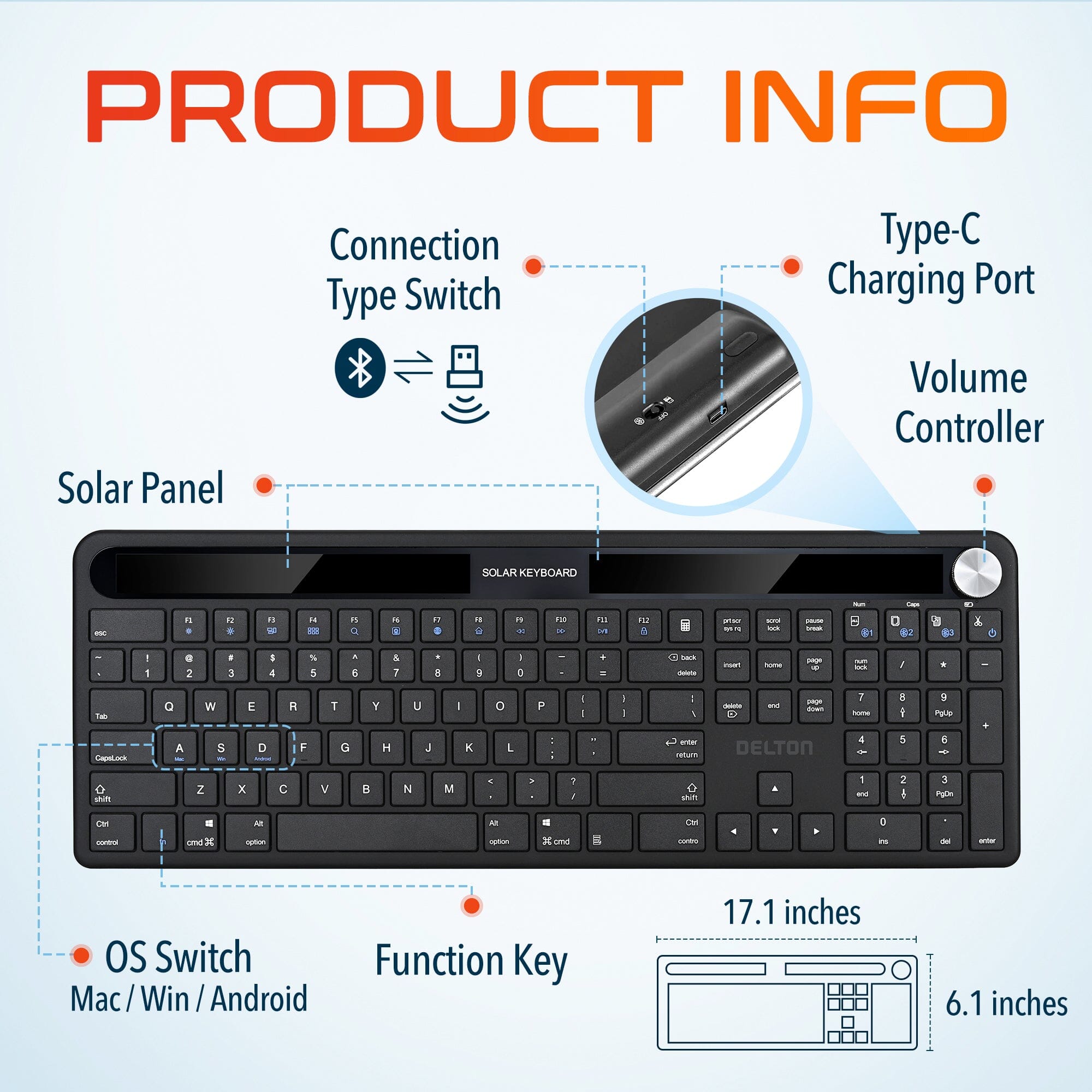 Delton KB90 Wireless Solar Keyboard, Rechargeable Wireless Keyboard with Quiet Keys, Solar Recharging Keyboard, Bluetooth Keyboard for Computer /Desktop /PC /Laptop /Windows. Outlet Explore