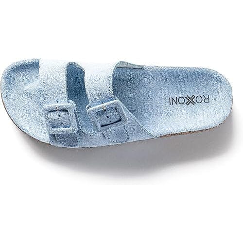 Roxoni Women Comfort Sandals Double Buckle Adjustable EVA Flat Slides Footbed Suede with Arch Support Non-Slip Real Cheap Online