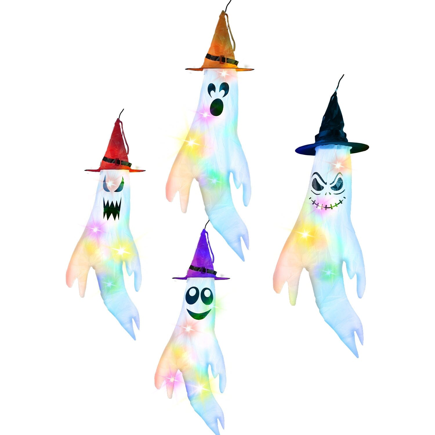 4-Pieces: Halloween Ghosts with Witch Hats Windsocks Hanging Decoration with Colorful LED Light For Sale 2025