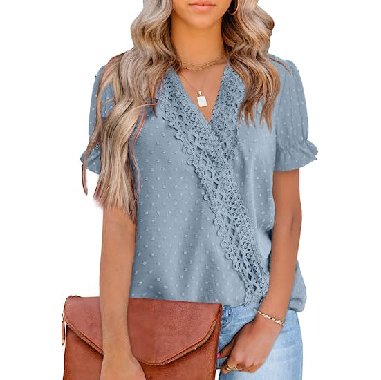 Women's Casual Lace Pom Pom V Neck Chiffon Short Sleeve Top Free Shipping Sale Online