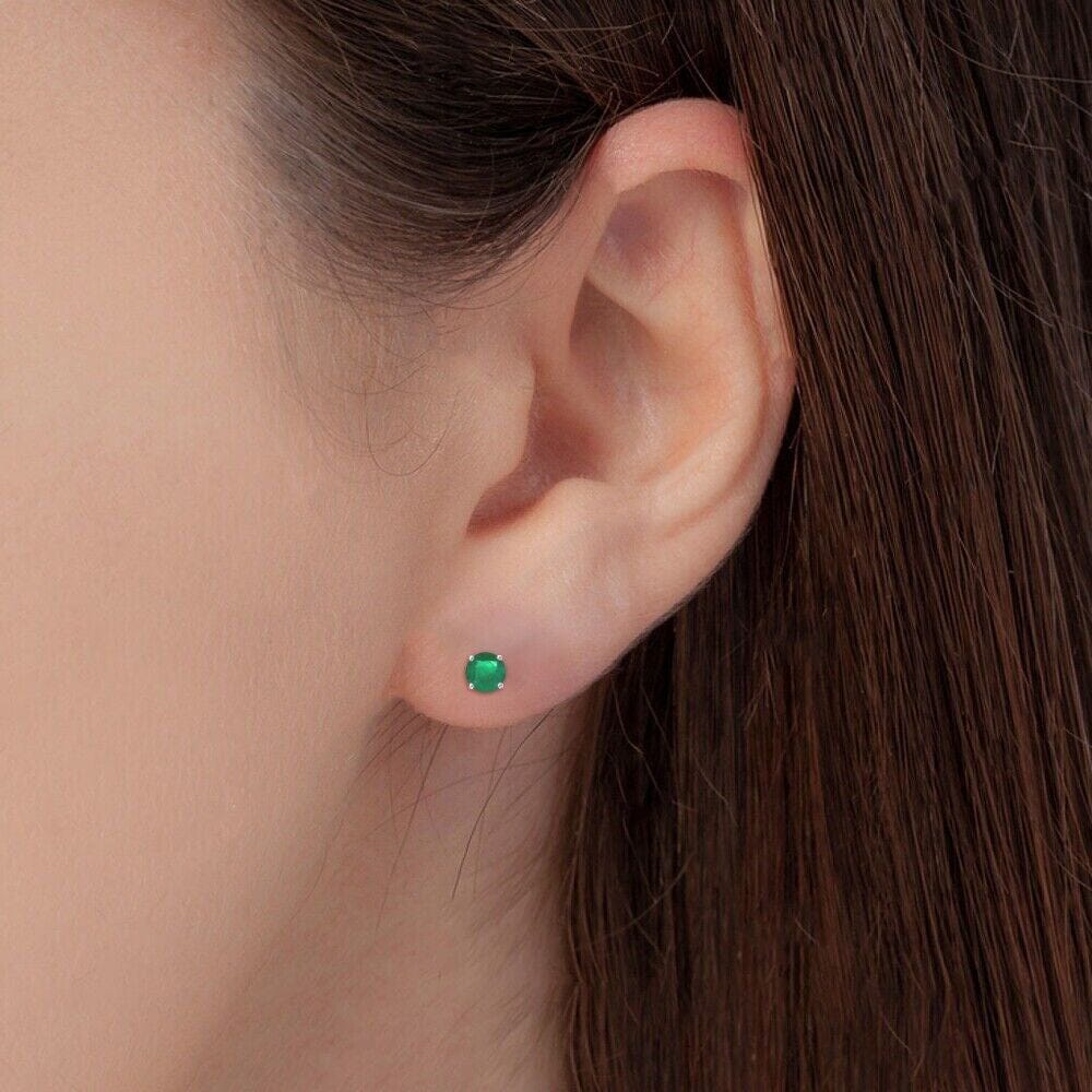 1/2 Ct TW Round Natural Earth-Mined Brilliant Emerald Stud Earrings 14K White Gold with Screw Backs Authentic