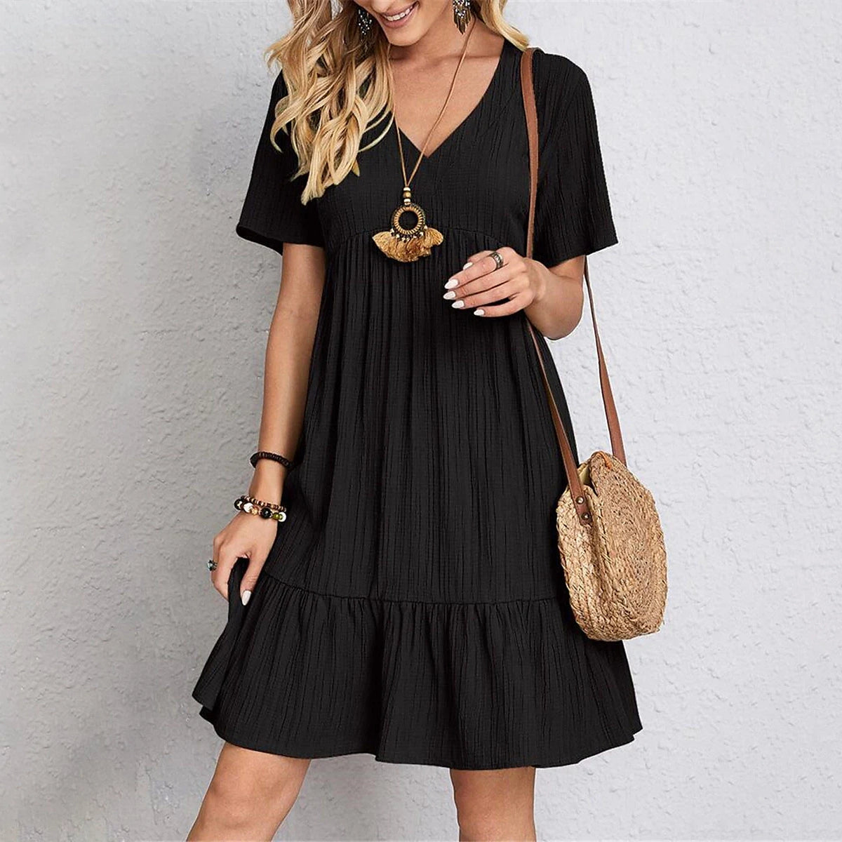 Women's Casual Dress Ruffle V Neck Midi Shift Dress Recommend Online