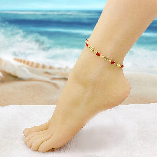 18k Gold Filled High Polish Finish Red Crystal Flower Ankle Bracelet Get Authentic For Sale