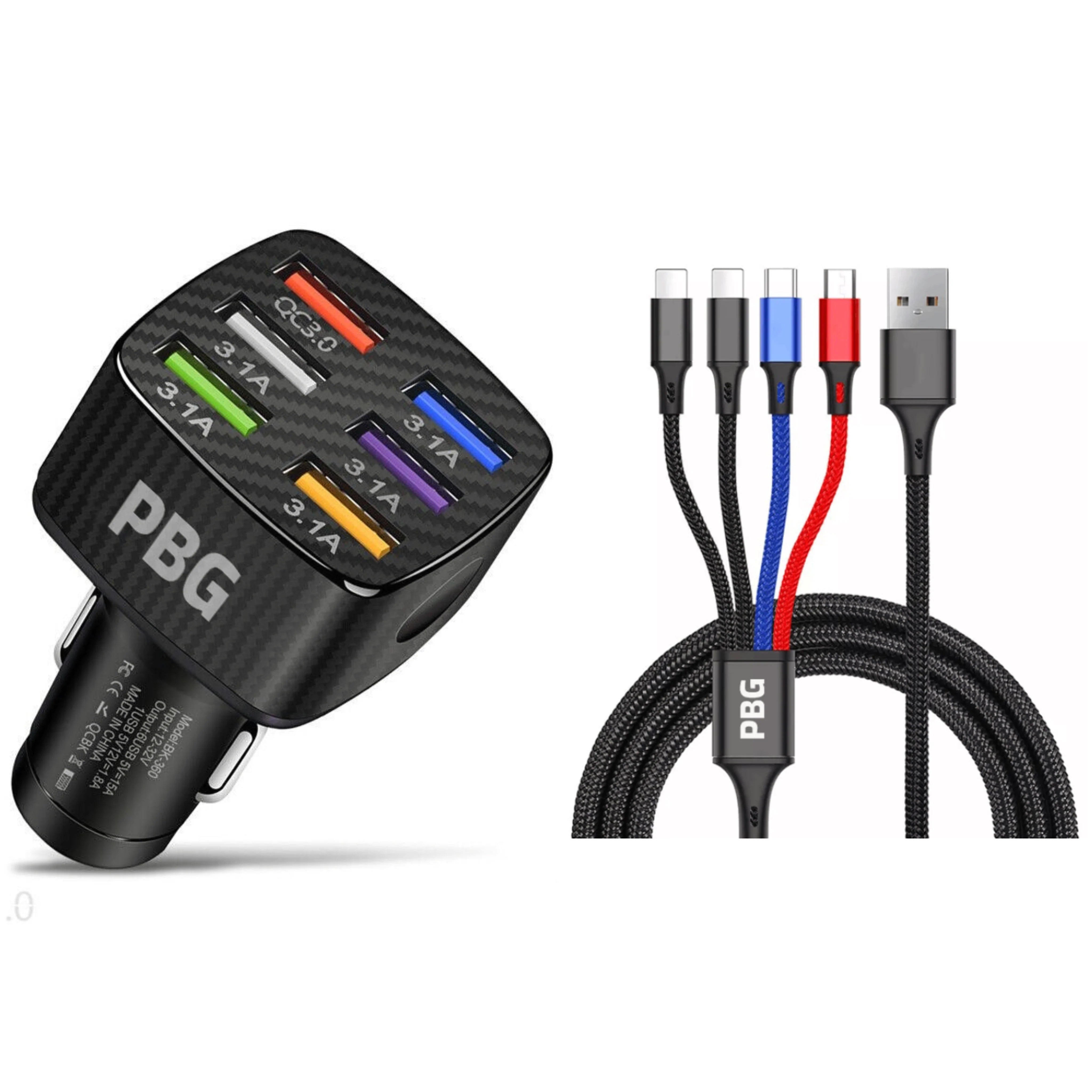 PBG LED 6-Port Car Charger and 4 in 1 Nylon Charging Cable Bundle Sale 100% Authentic