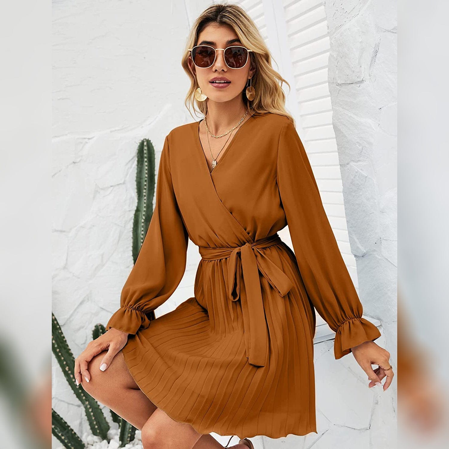 Womens Wrap V Neck Pleated Long Sleeve Mini Dresses Buy Cheap For Nice