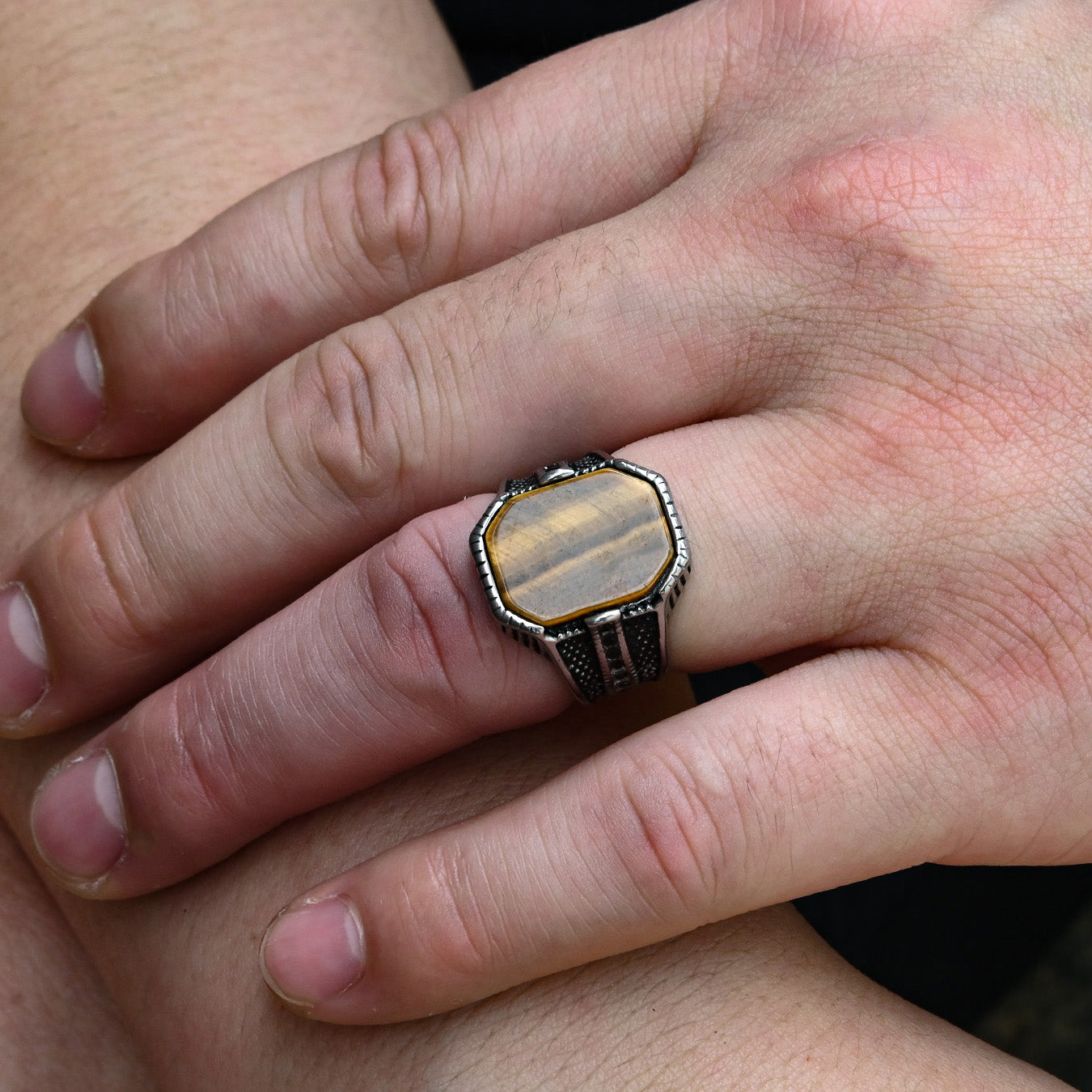 Men's Stainless Steel Genuine Tiger Eye Stone Silver Ring Low Pice Fee Shipping Cheap Online