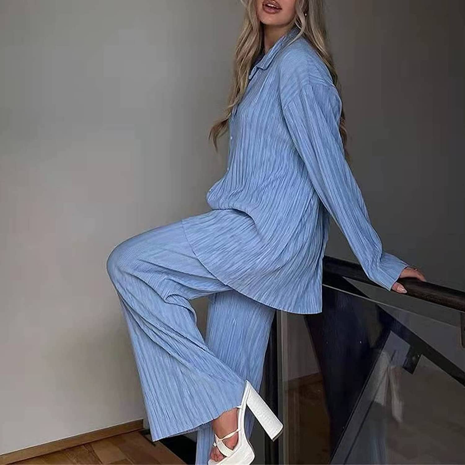 Women's Casual Long Sleeve Button Blouse Top Wide Leg Loose Streetwear Loungewear Sale Visa Payment