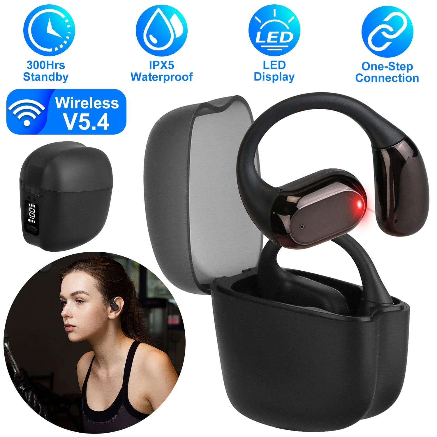 Wireless V5.4 Open Ear Earbuds with Earhook LED Display Charging Case Store With Big Discount