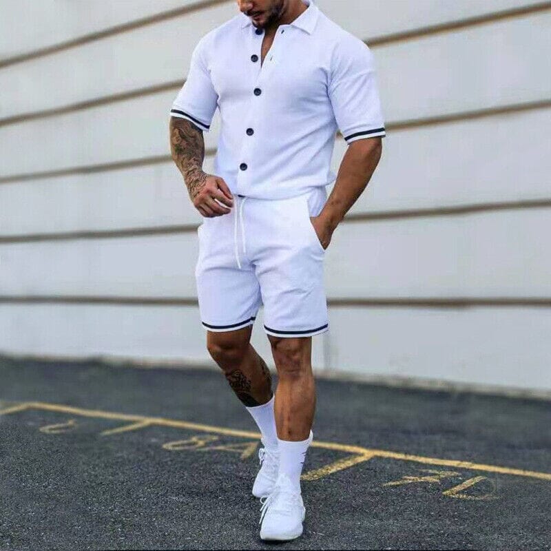 2-Piece Set: Men's Short Sleeve Plain Stripes Lapel Many Kinds Of Cheap Online