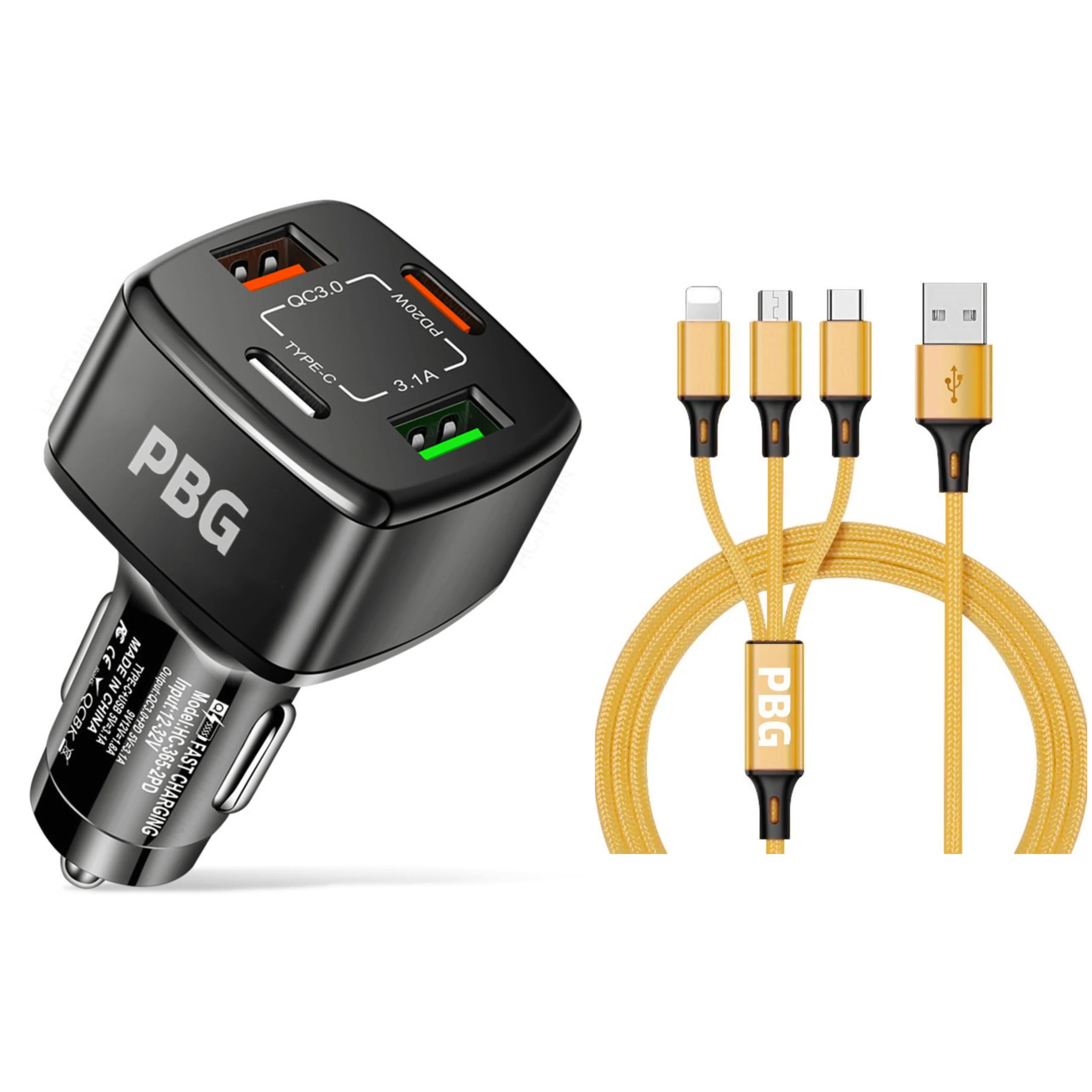 PBG Black 4 Port Car Charger and 4FT - 3 in 1 Nylon Cable Combo Explore Online