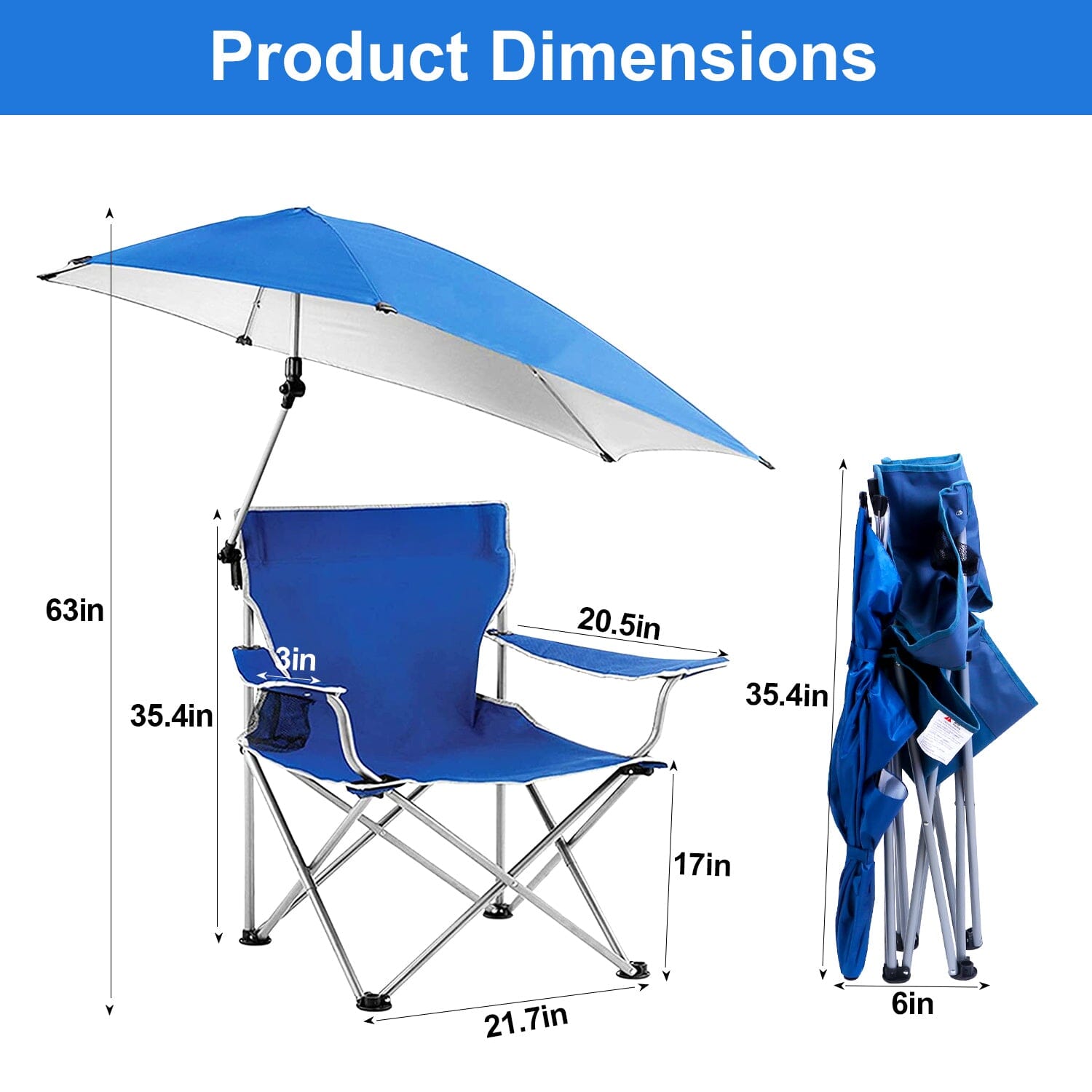 Foldable Beach Chair with Detachable Armrest Adjustable Canopy Stool with Cup Holder Tumblr