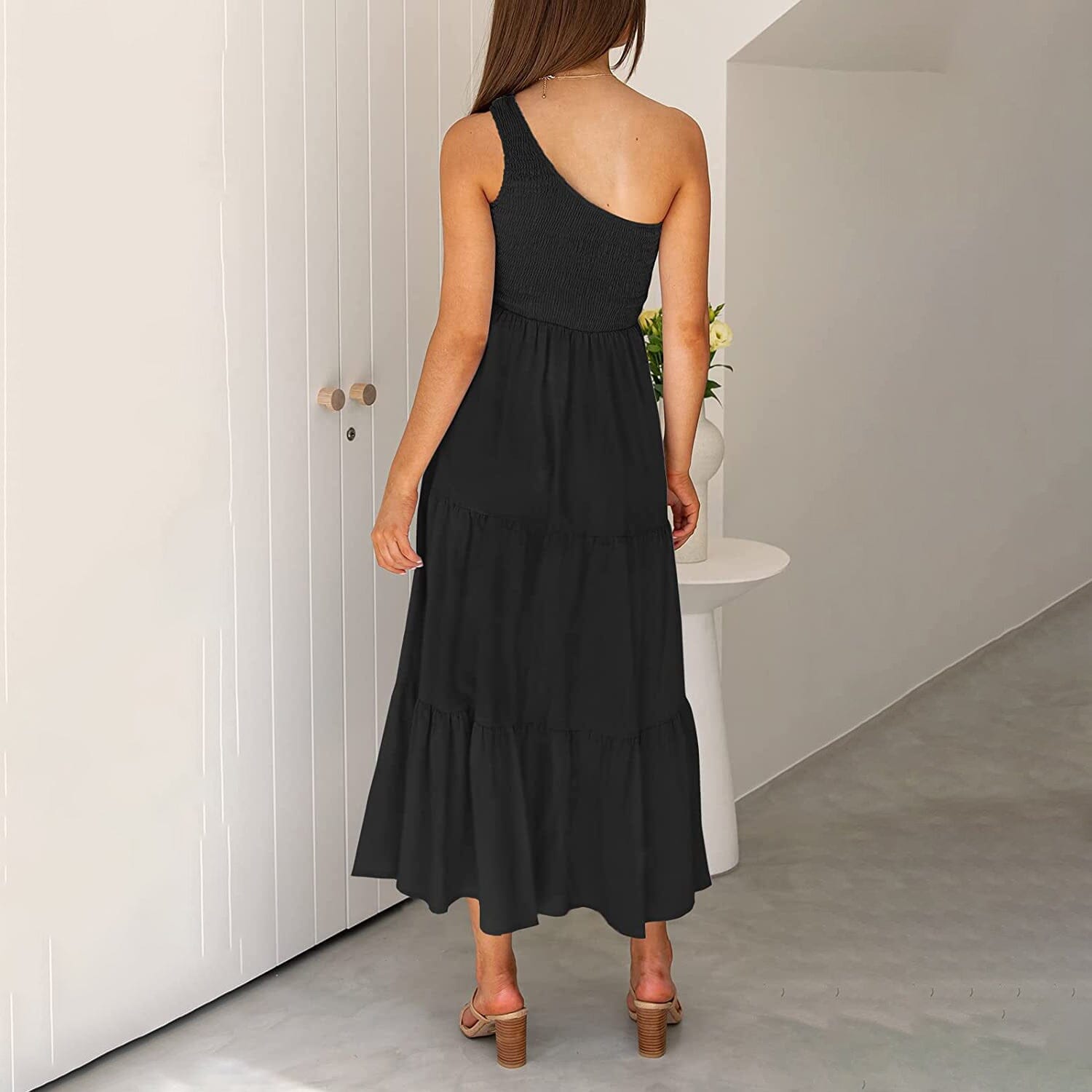 Womens One Shoulder Sleeveless Smocked Ruffle Tiered Beach Long Midi Dress Discount 2025 Unisex