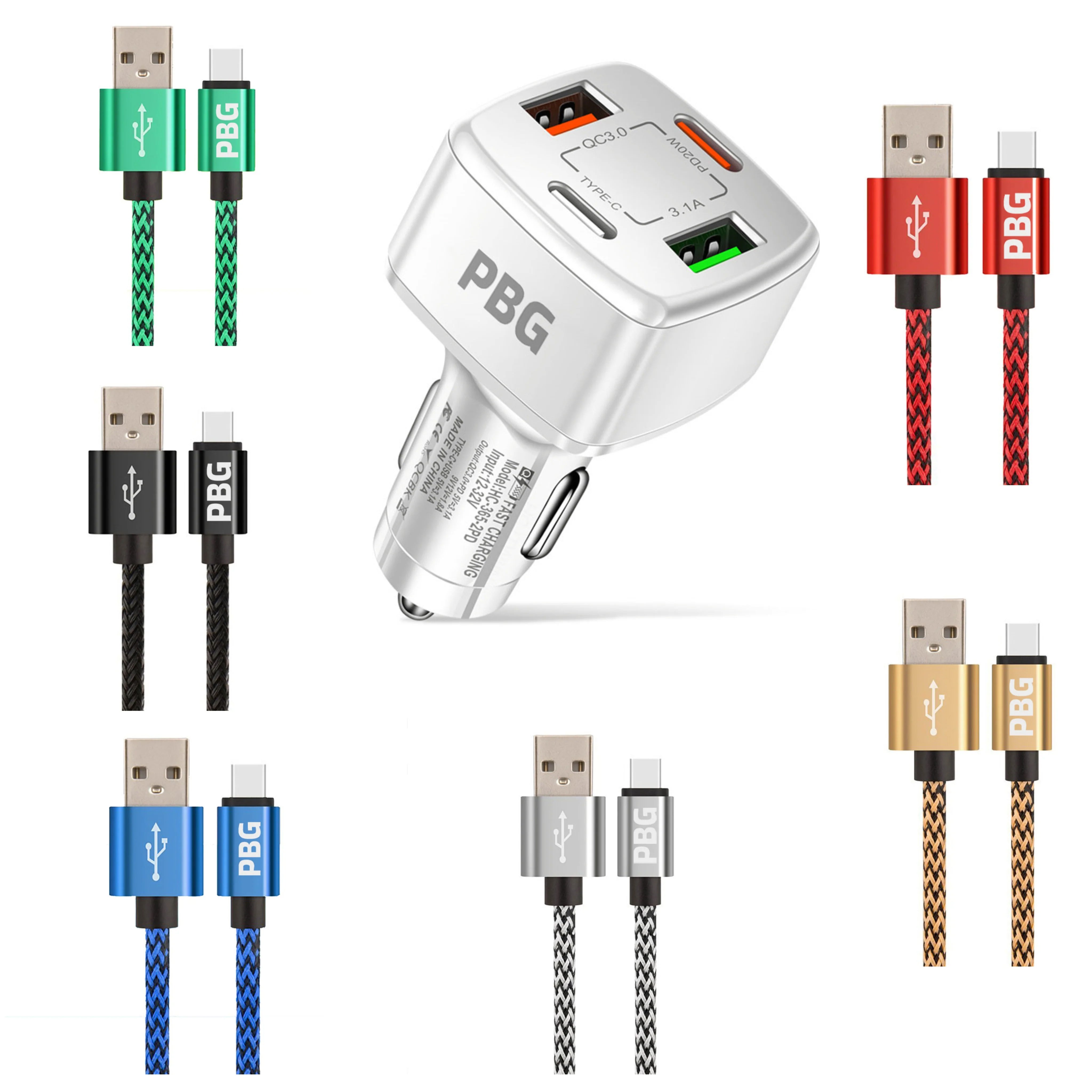 PBG 4 Port PD/USB Car Charger and 10Ft. Zebra Style Lightning Cable Bundle Sale View