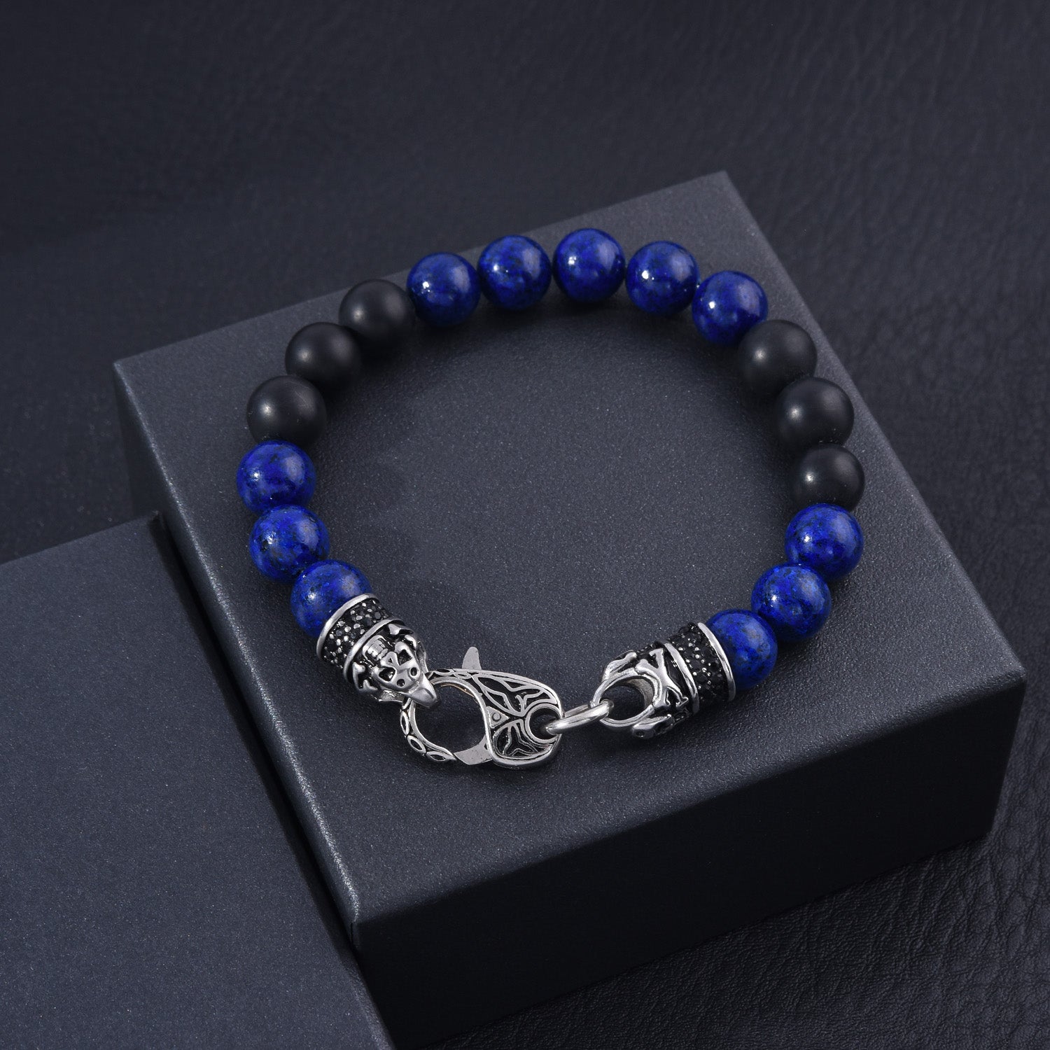 Genuine Black Matte Agate Lapis Stainless Steel Beaded Men's Bracelet Discount Explore