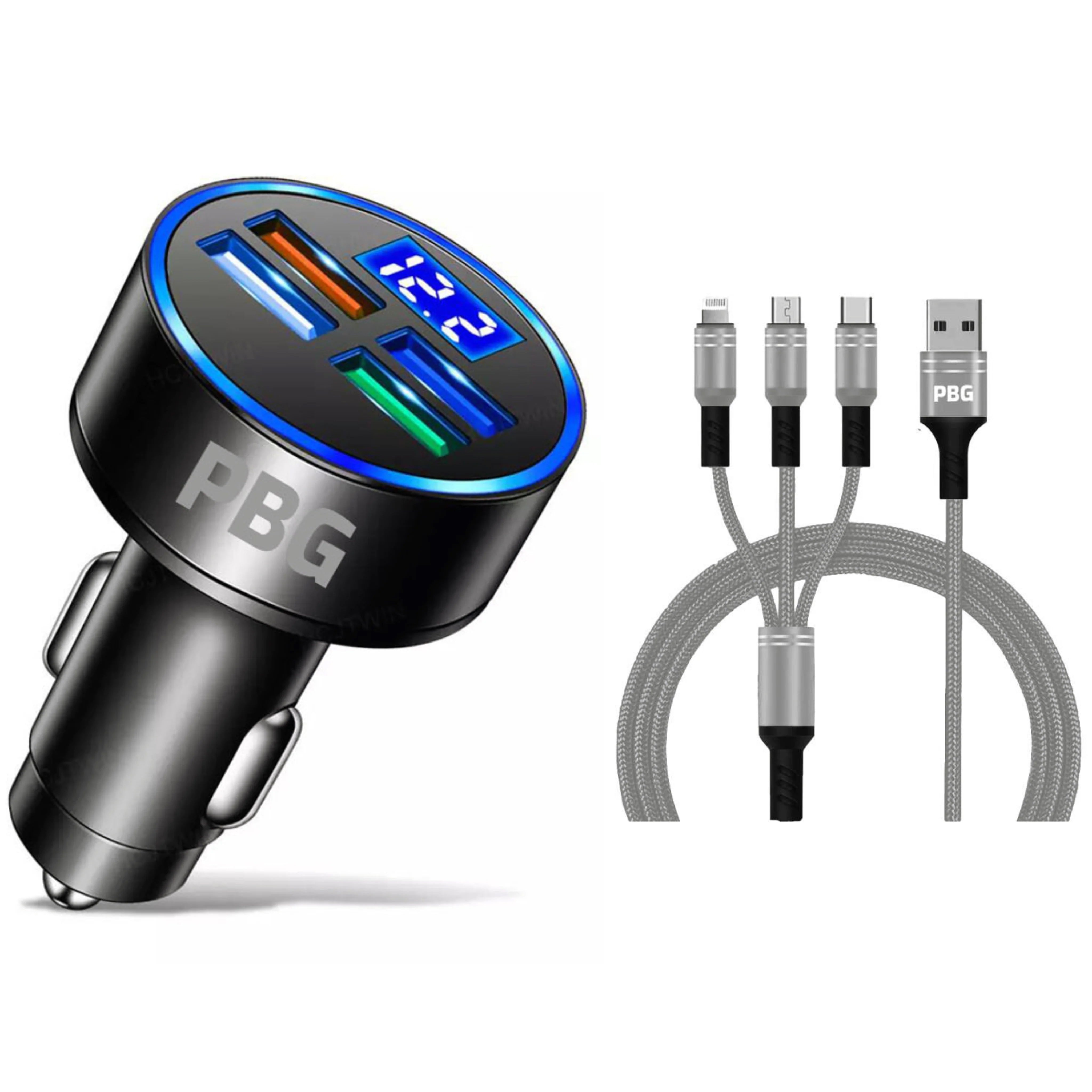 PBG LED 4 Port Car Charger Voltage Display and 3-in-1 Cable Bundle Eastbay Cheap Online