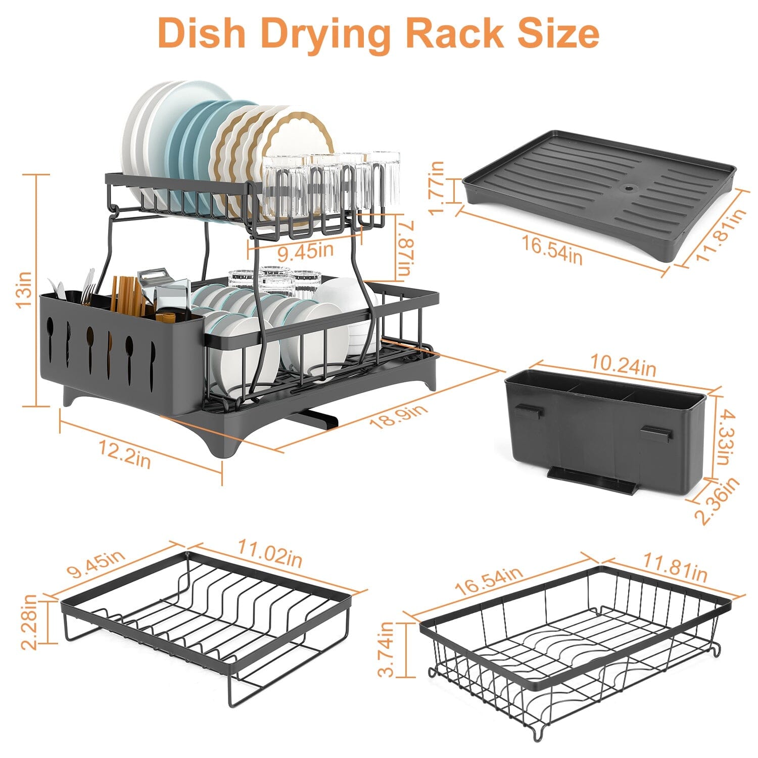 2-Tier Dish Rack Drainer Organizer Set with Utensil Cup Holder Rack Swivel Spout Outlet Discount Sale