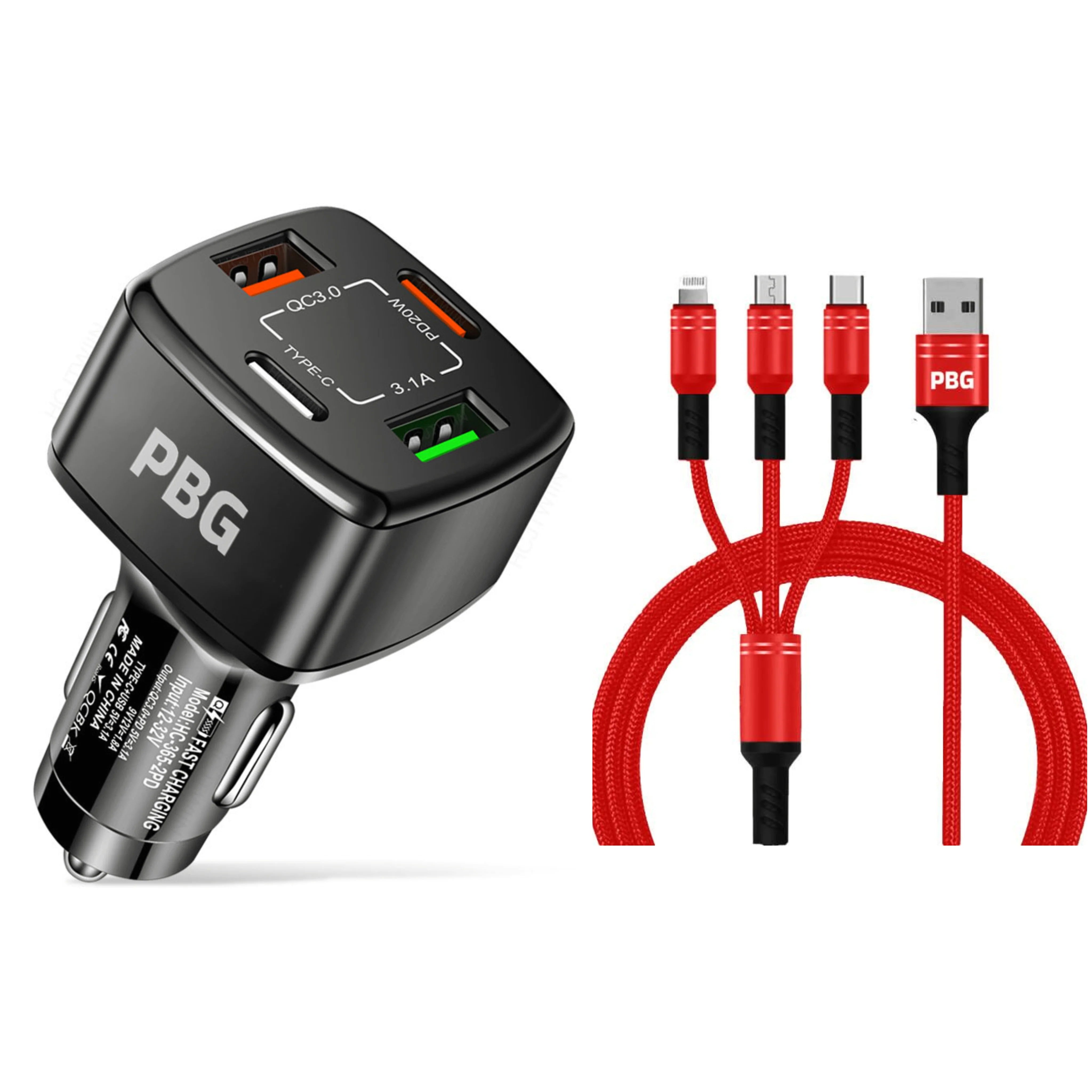 PBG Black 4 Port Car Charger and 4FT - 3 in 1 Nylon Cable Combo Explore Online