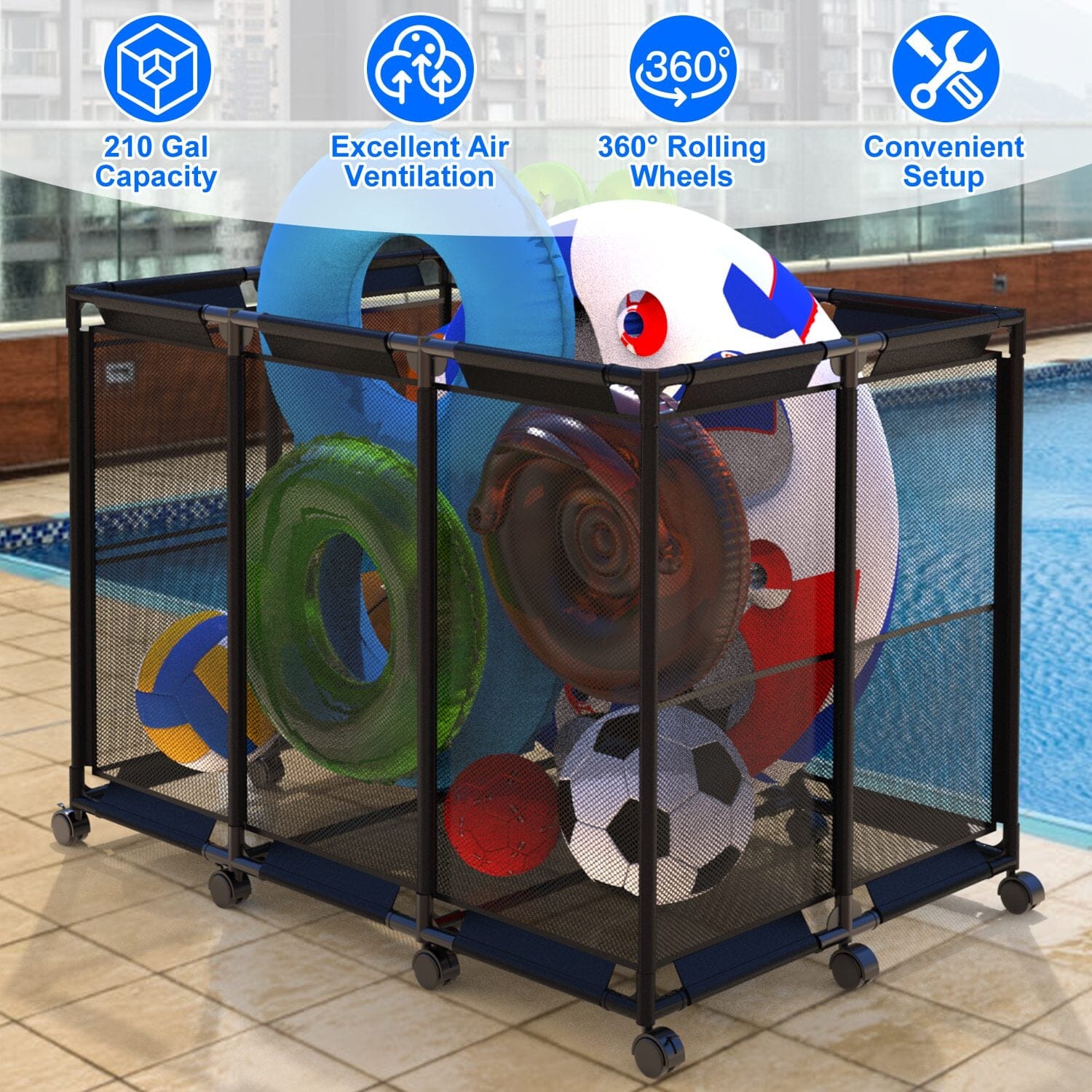 210 Gallon Pool Storage Bin Organizer Rolling Mesh Storage Basket with Lockable Wheels For Sale Free Shipping