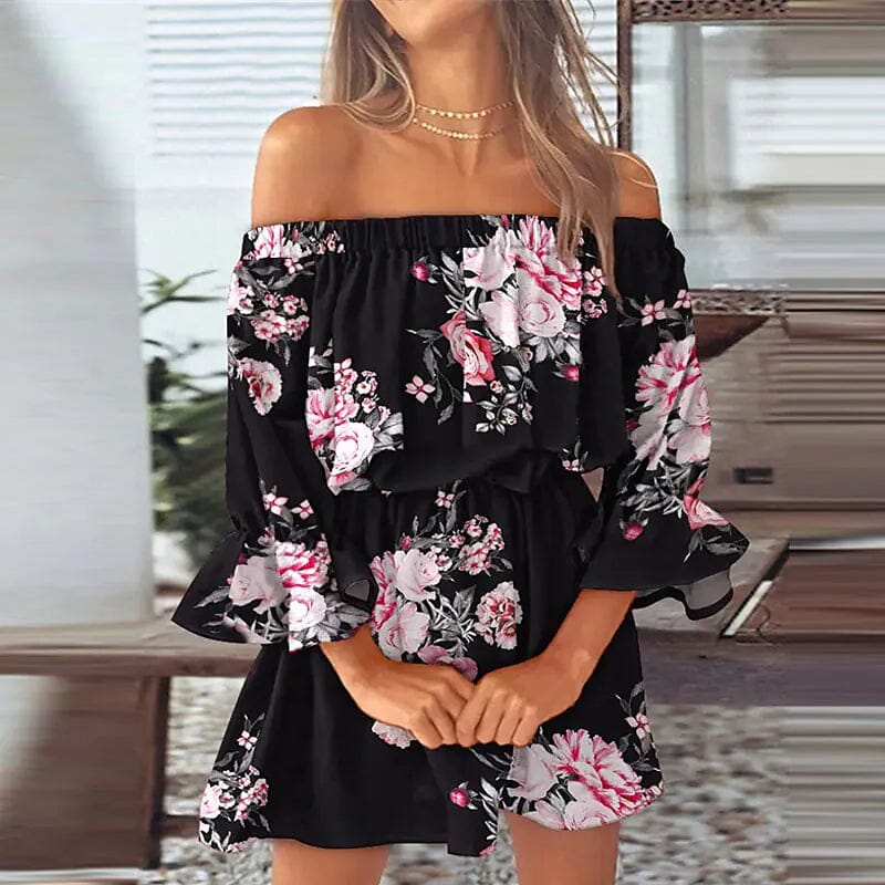 Women's 3/4 Length Sleeve Floral Ruffle Summer Spring Off Shoulder Dress Cheap Brand New Unisex