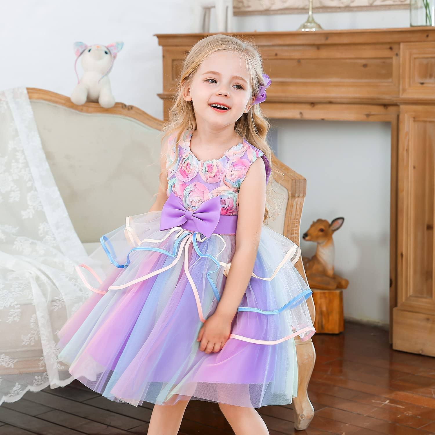 Girl's Rainbow Tulle Lace Dress Discount Best