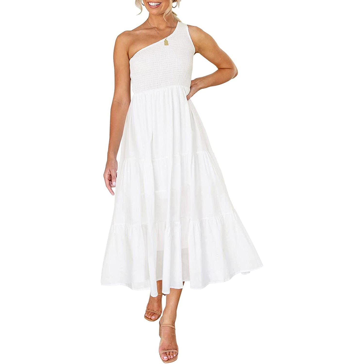 Womens One Shoulder Sleeveless Smocked Ruffle Tiered Beach Long Midi Dress Discount 2025 Unisex