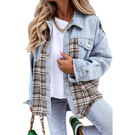 Women's Denim Jacket Long Sleeve Plaid Button Down Shirts Shacket Discount Pices