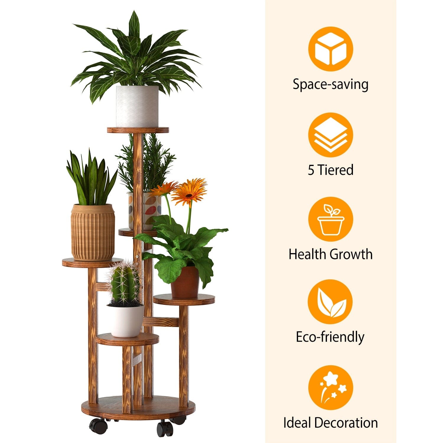 5-Tier Plant Stand with 4 Detachable Wheels Wooden Plant Pot Rolling Shelf Free Shipping Largest Supplier