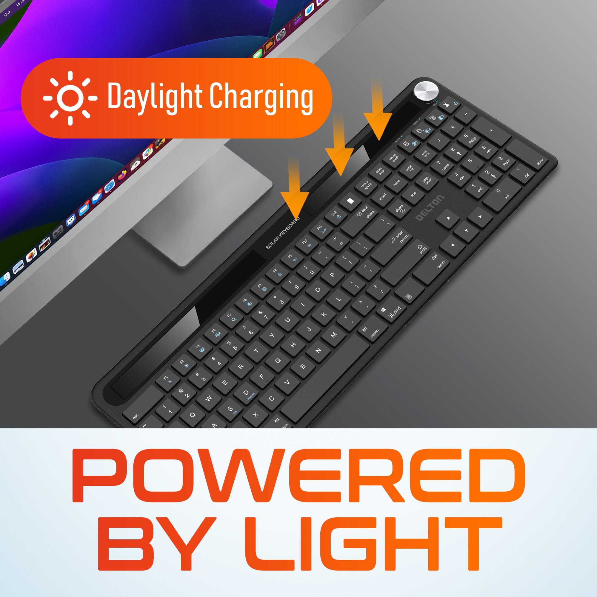 Delton KB90 Wireless Solar Keyboard, Rechargeable Wireless Keyboard with Quiet Keys, Solar Recharging Keyboard, Bluetooth Keyboard for Computer /Desktop /PC /Laptop /Windows. Outlet Explore